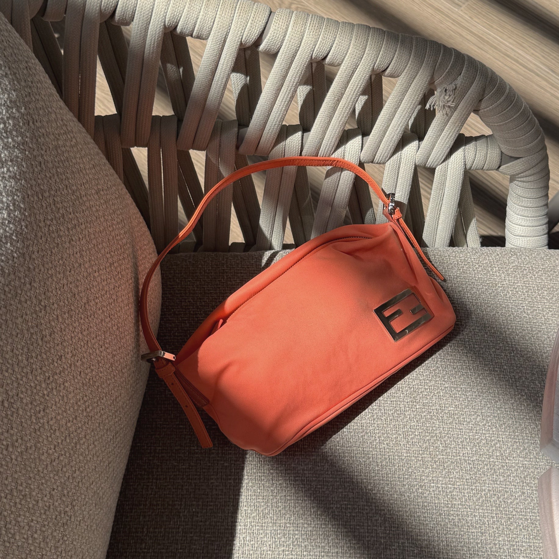 Fendi Orange Baguette Handbag Metal Logo