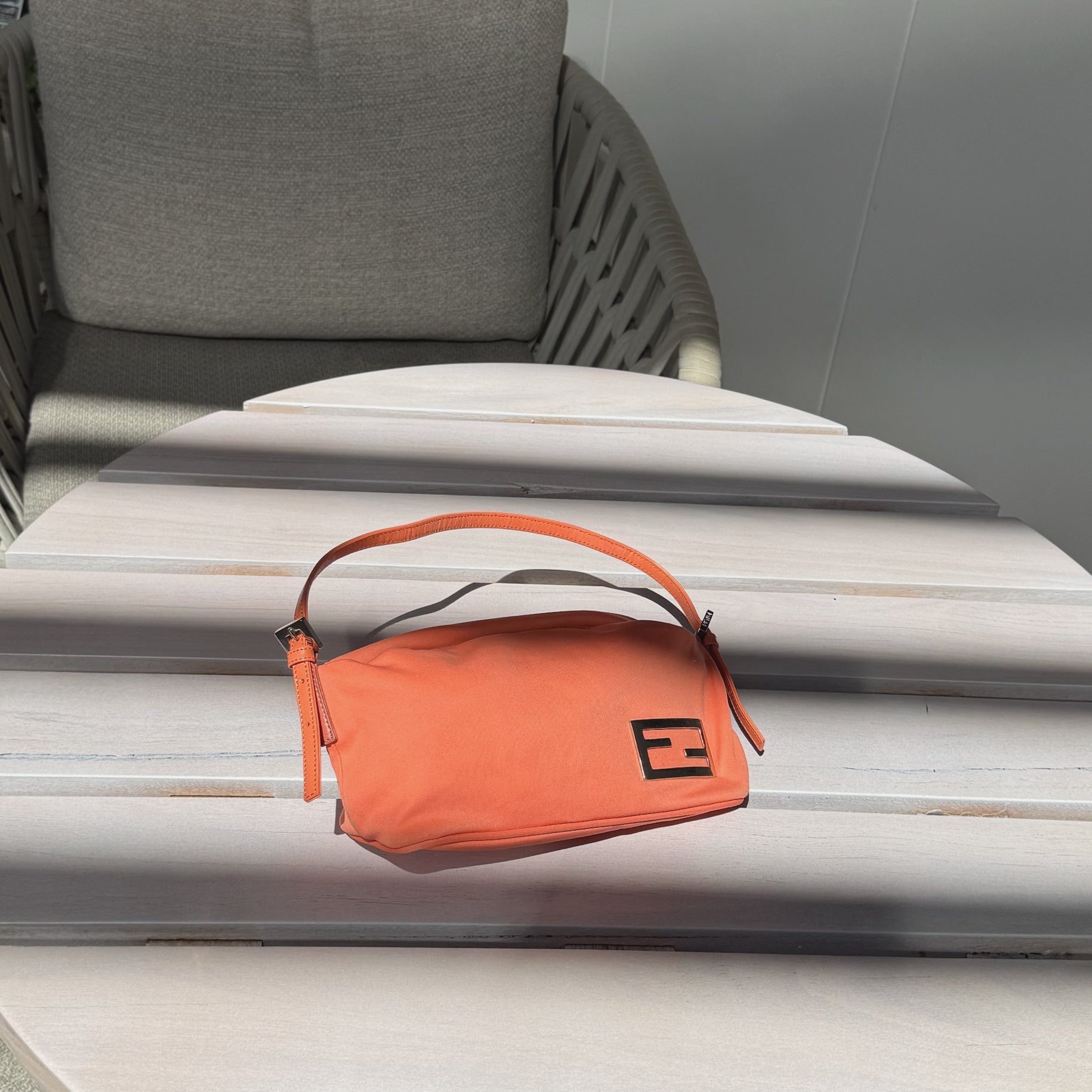 Fendi Orange Baguette Handbag Metal Logo