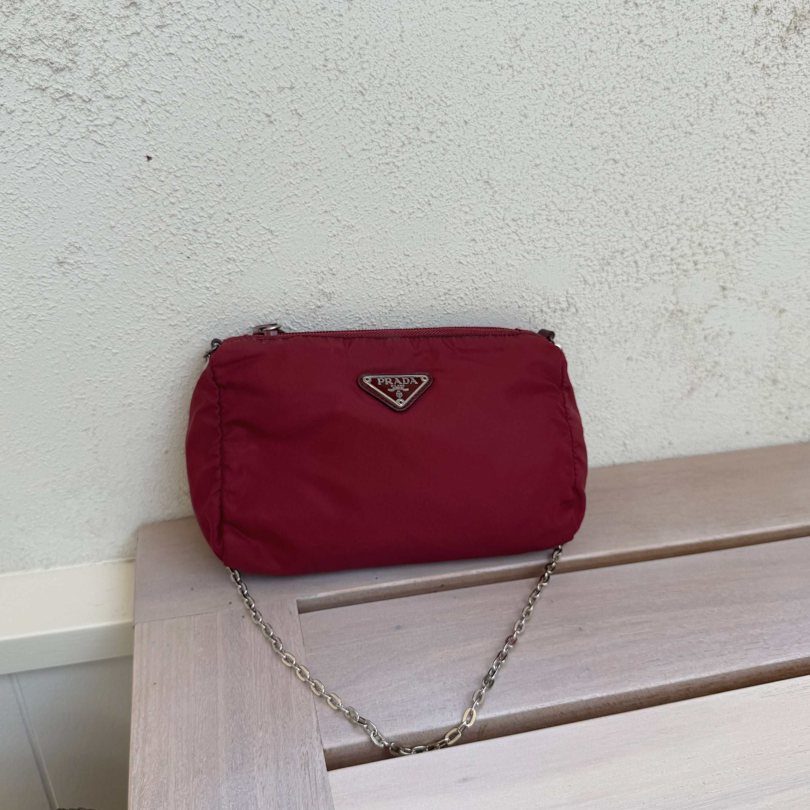 Prada Burgundy Nylon Triangle Logo Pochette Bag