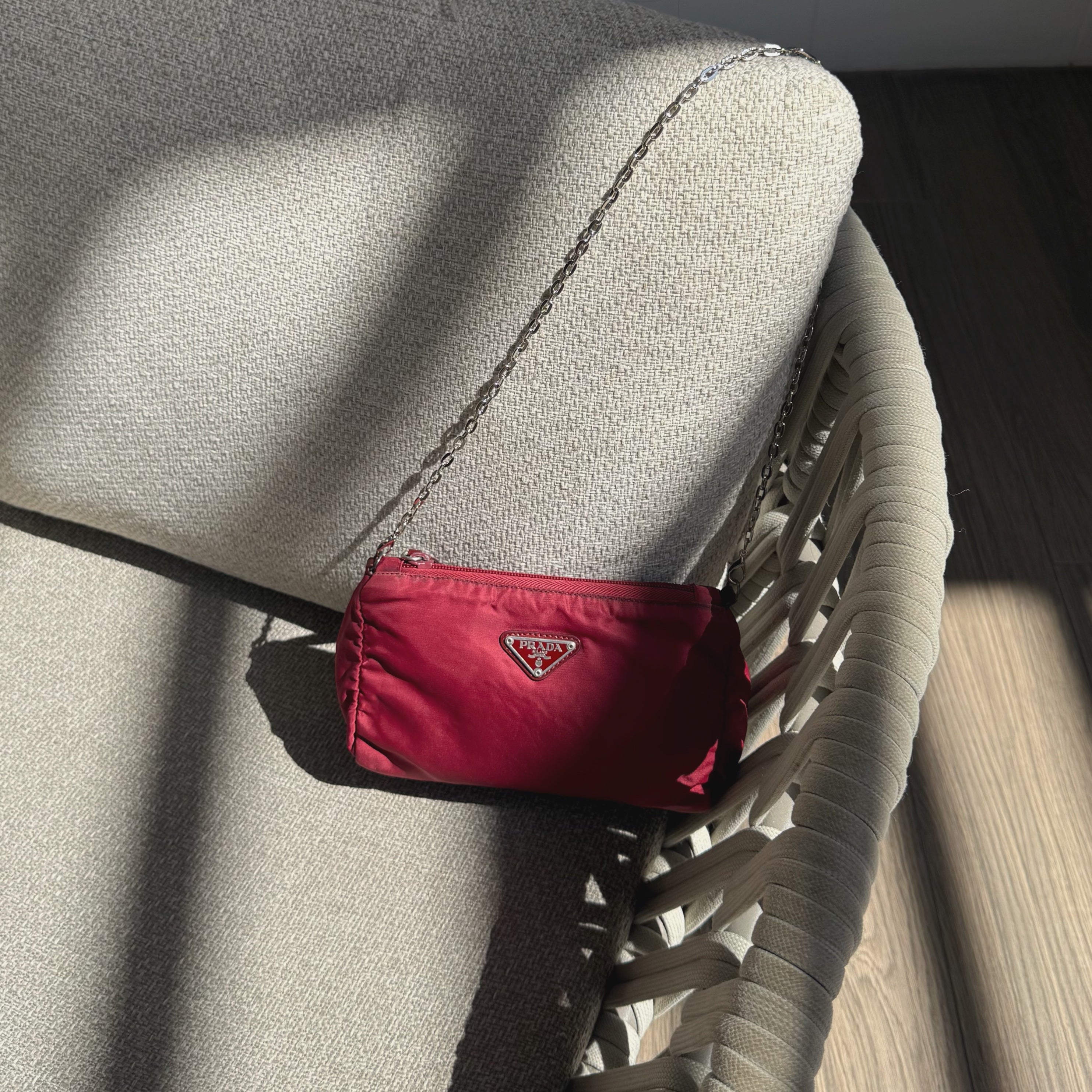 Prada Burgundy Nylon Triangle Logo Pochette Bag