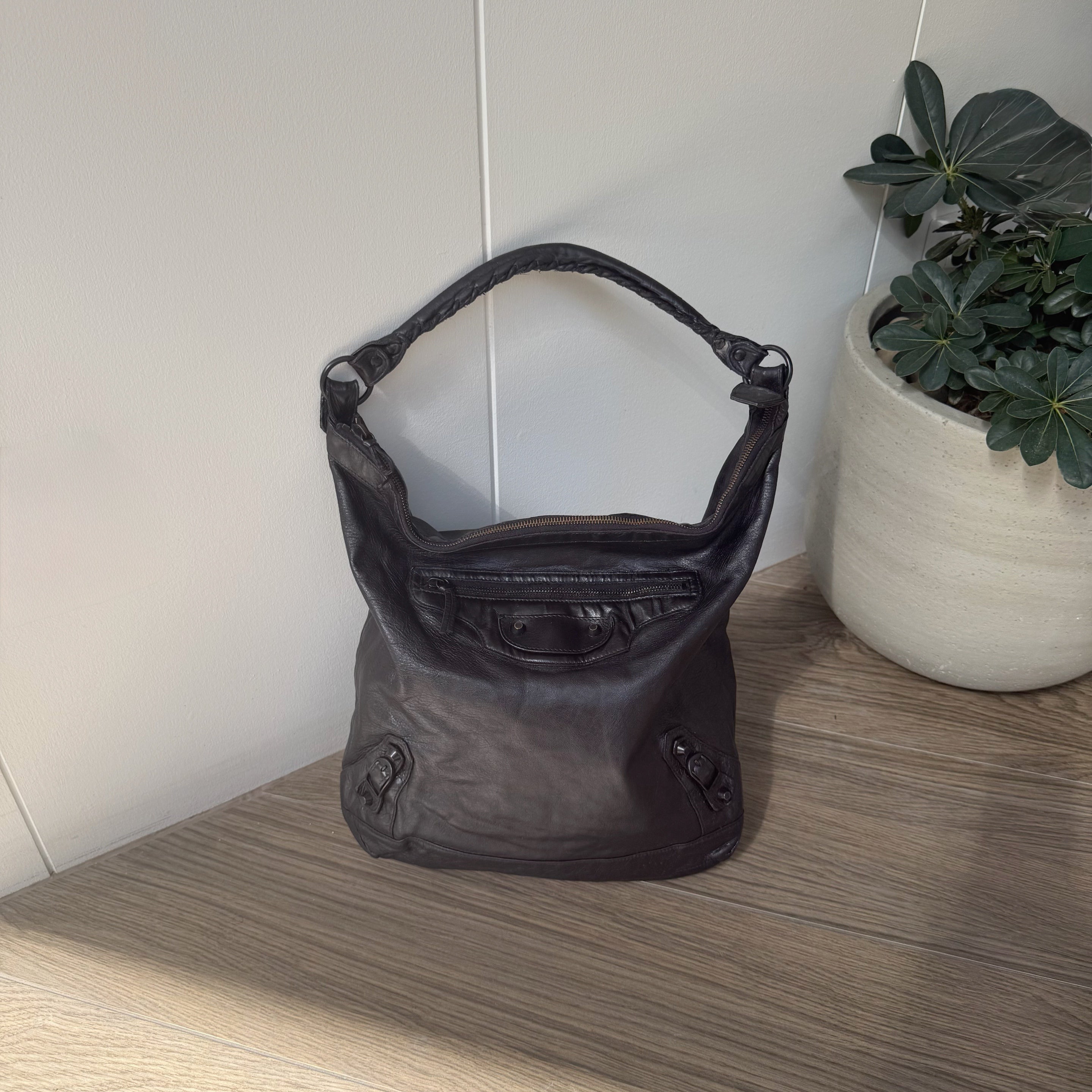 Balenciaga Day Hobo Motorcycle Bag in Black