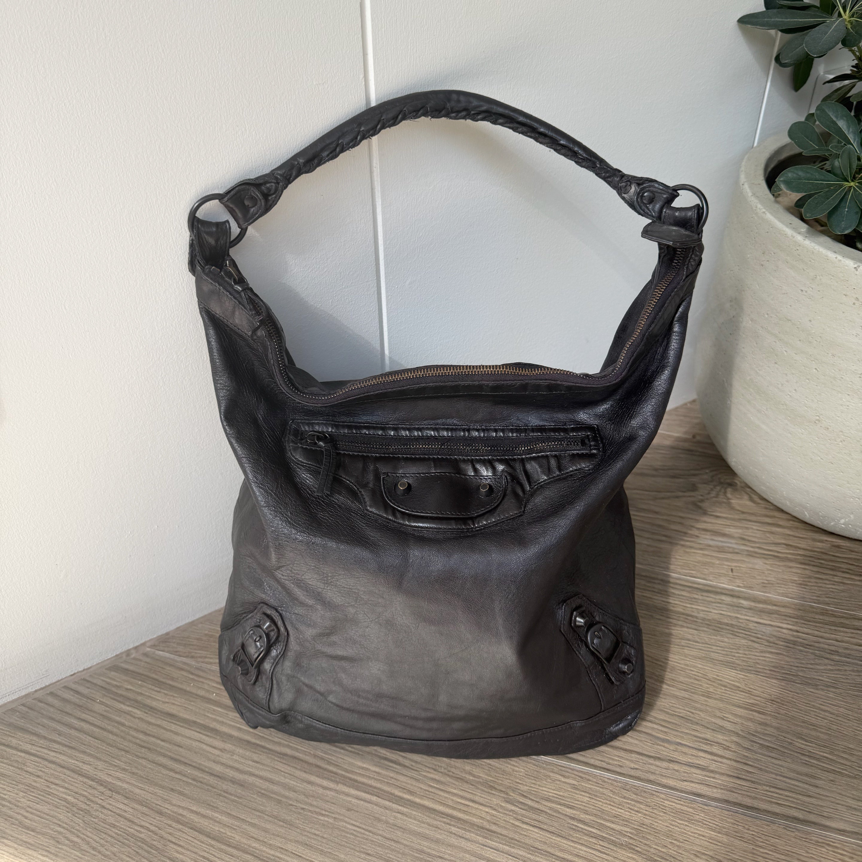 Balenciaga Day Hobo Motorcycle Bag in Black