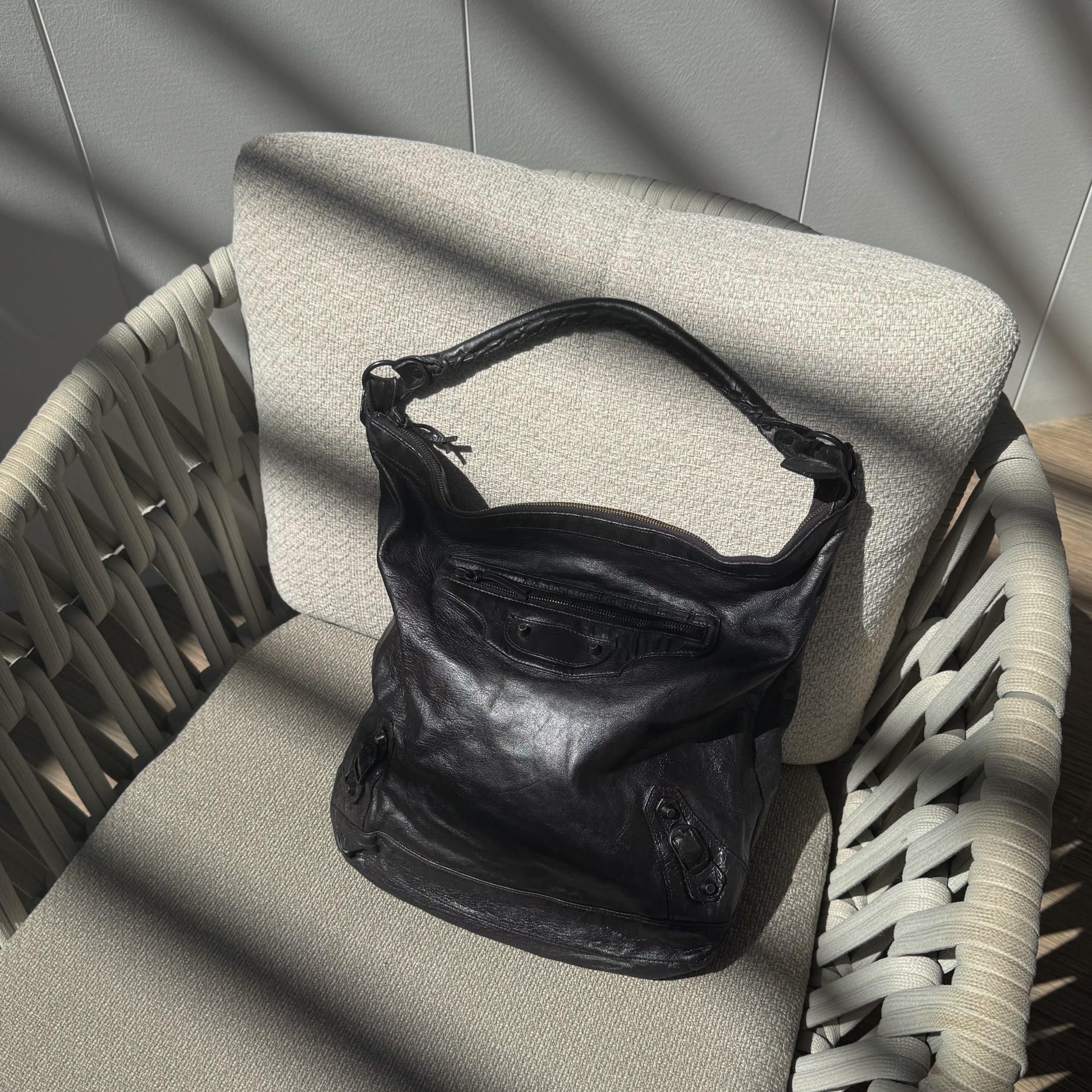 Balenciaga Day Hobo Motorcycle Bag in Black