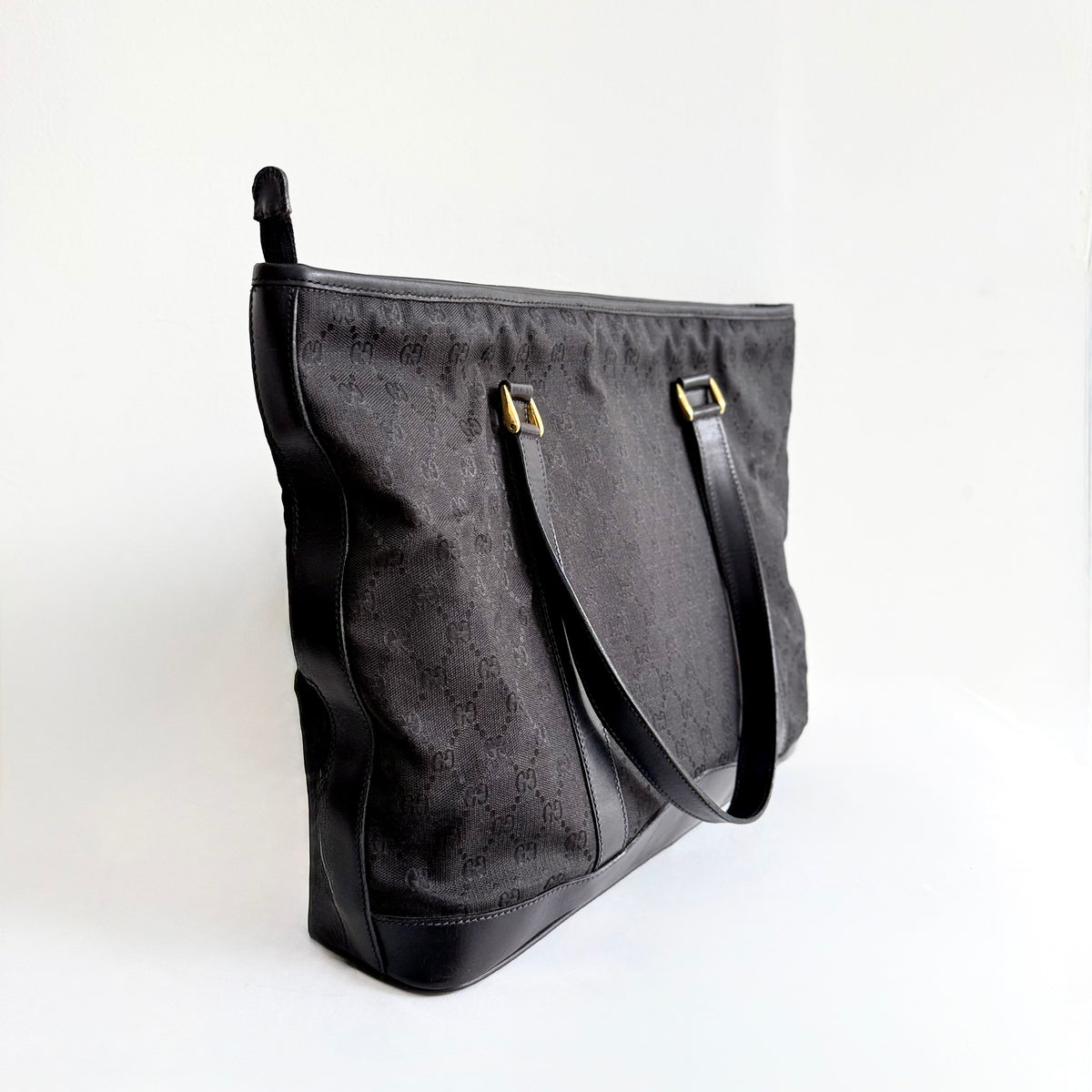 Gucci Black GG Canvas Leather Medium Tote Bag
