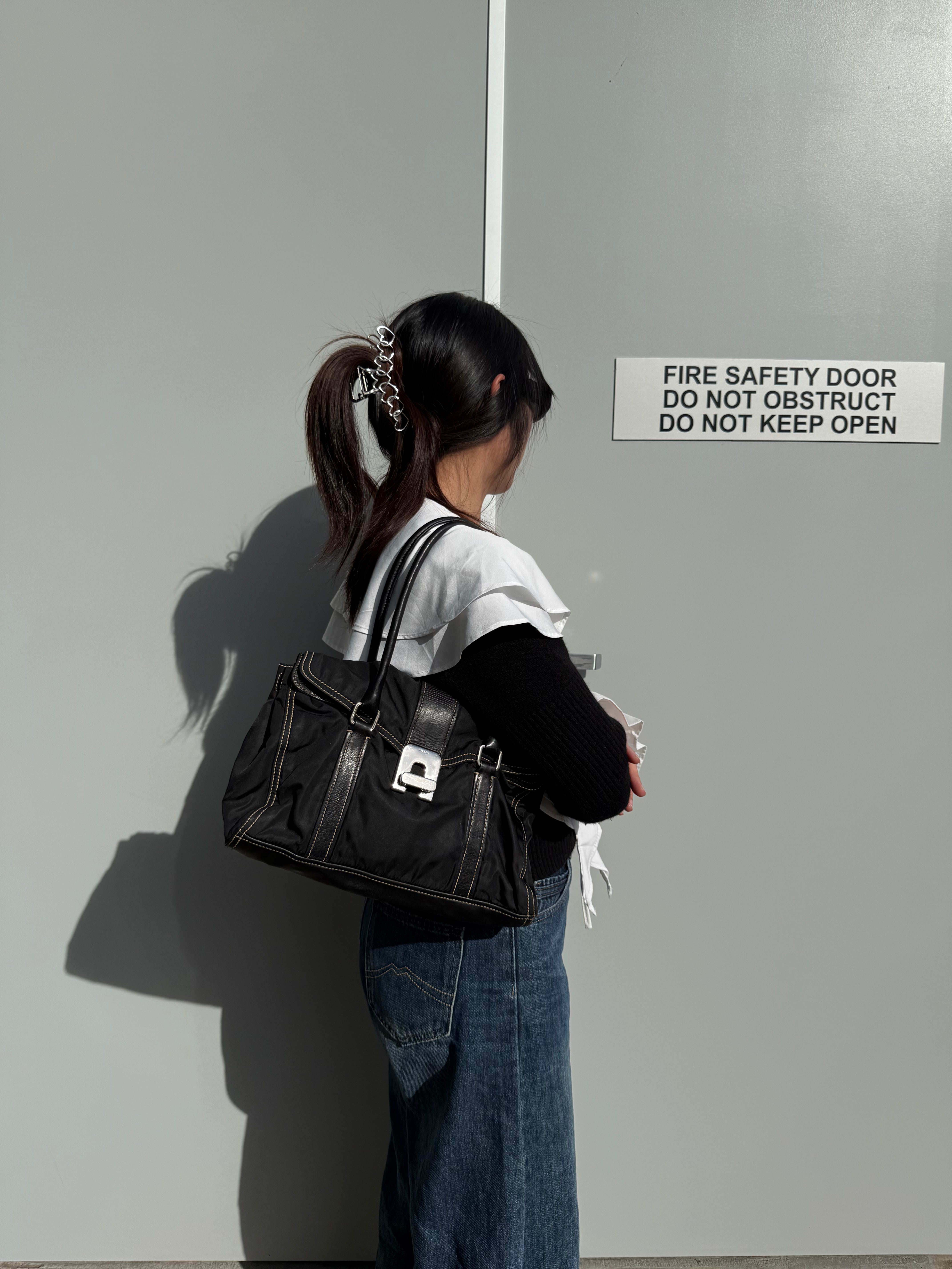 PRADA Vintage Black Tessuto Nylon Leather Satchel Handbag