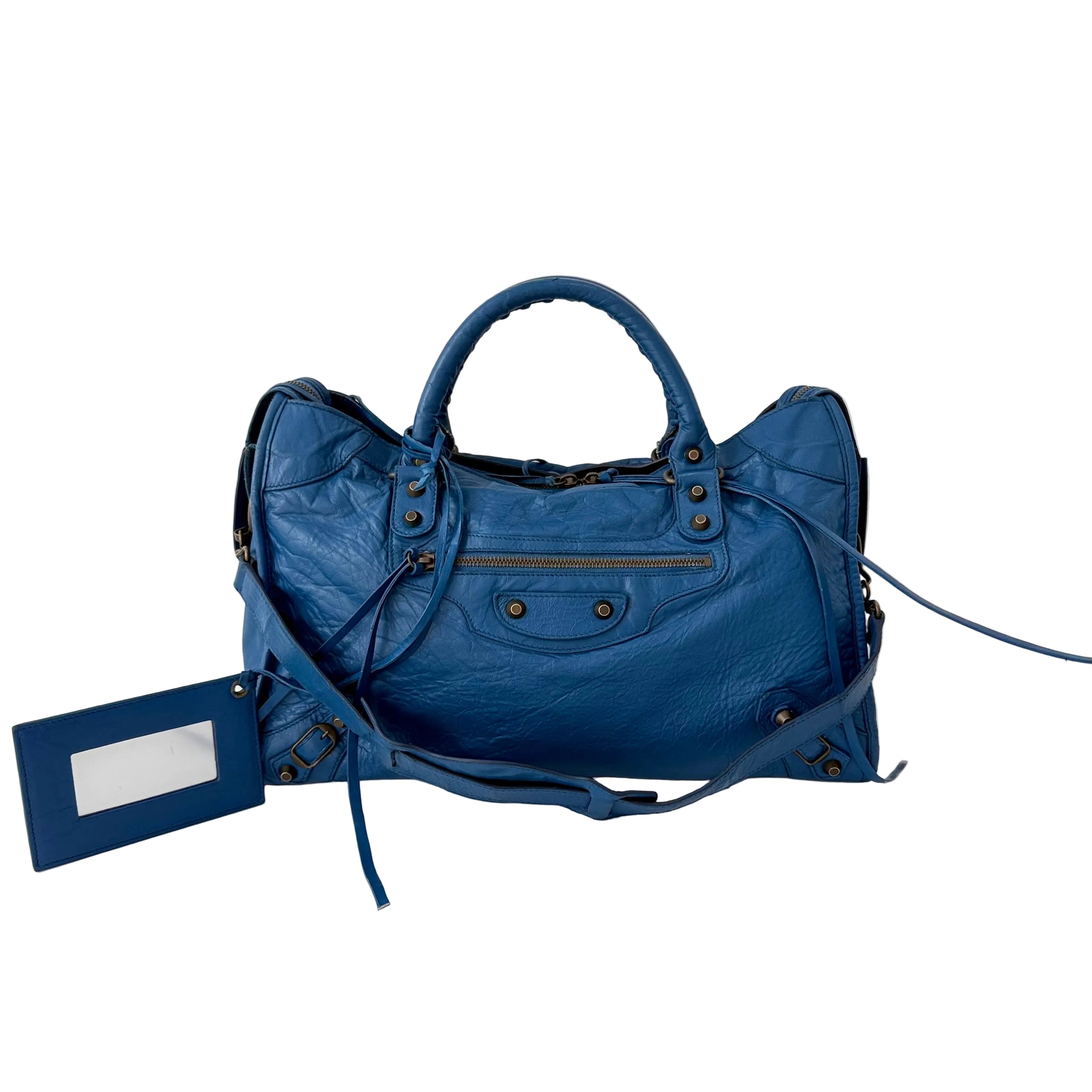 (RESERVE) Balenciaga Blue Mineral Lambskin Leather Motorcycle City Bag
