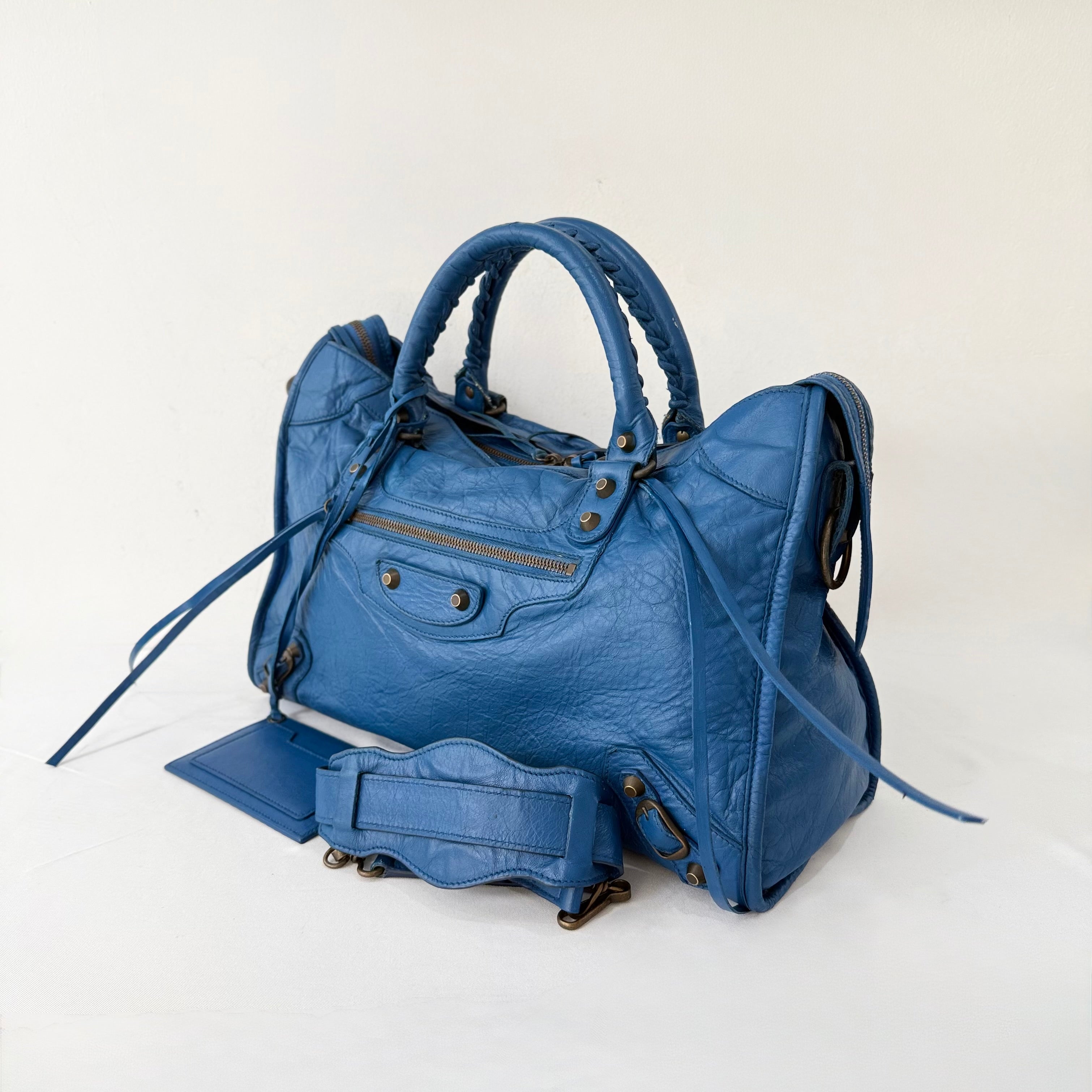 (RESERVE) Balenciaga Blue Mineral Lambskin Leather Motorcycle City Bag
