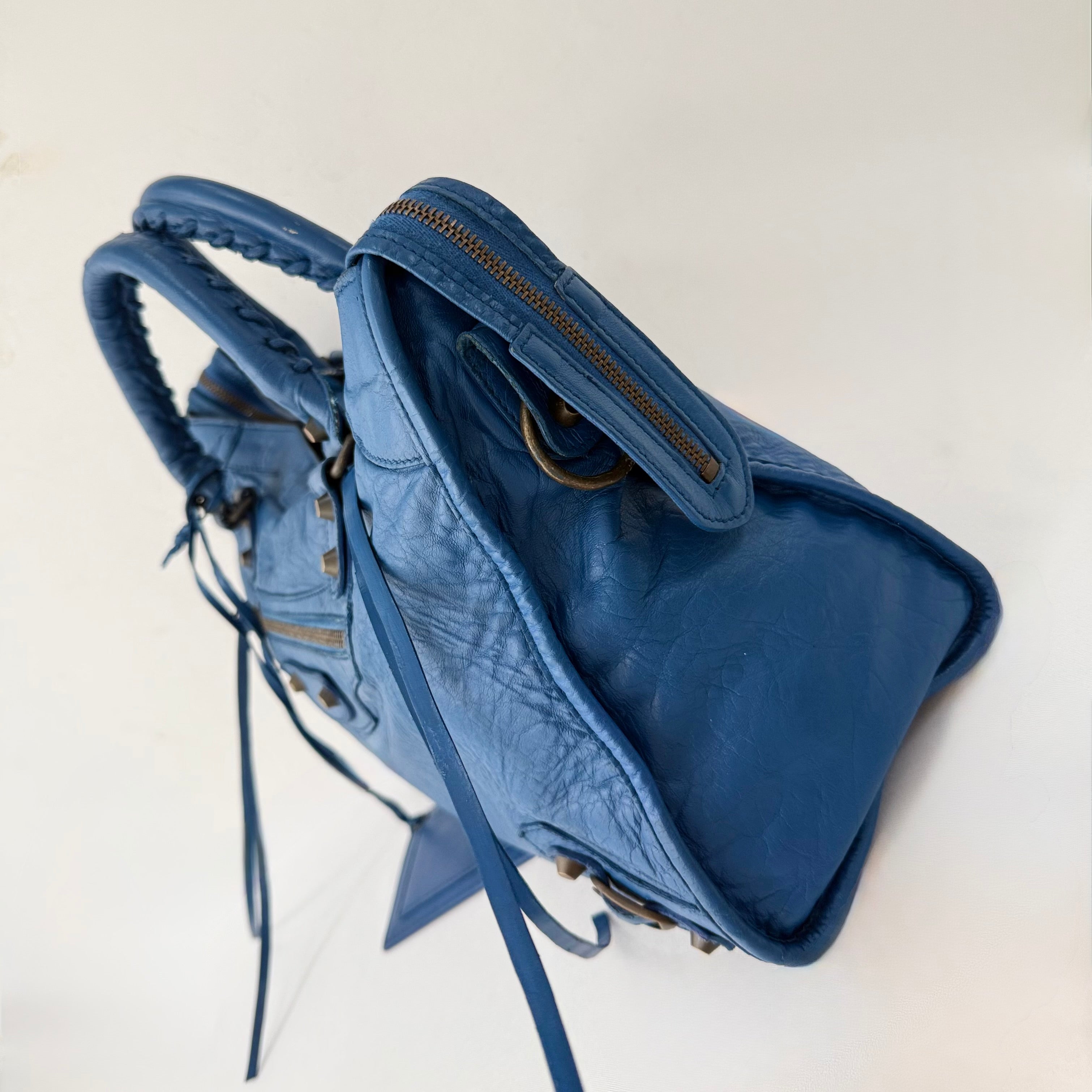 (RESERVE) Balenciaga Blue Mineral Lambskin Leather Motorcycle City Bag