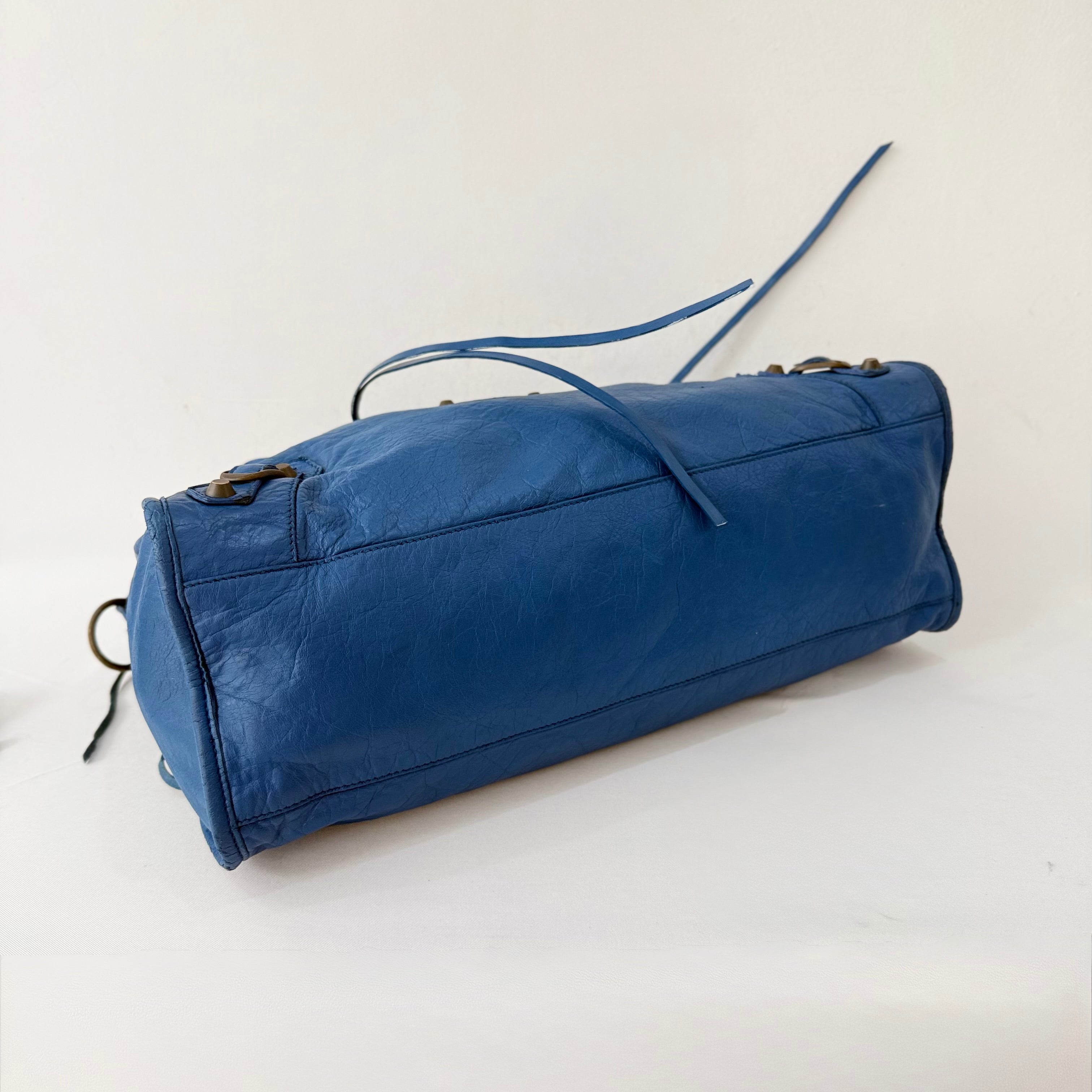 (RESERVE) Balenciaga Blue Mineral Lambskin Leather Motorcycle City Bag