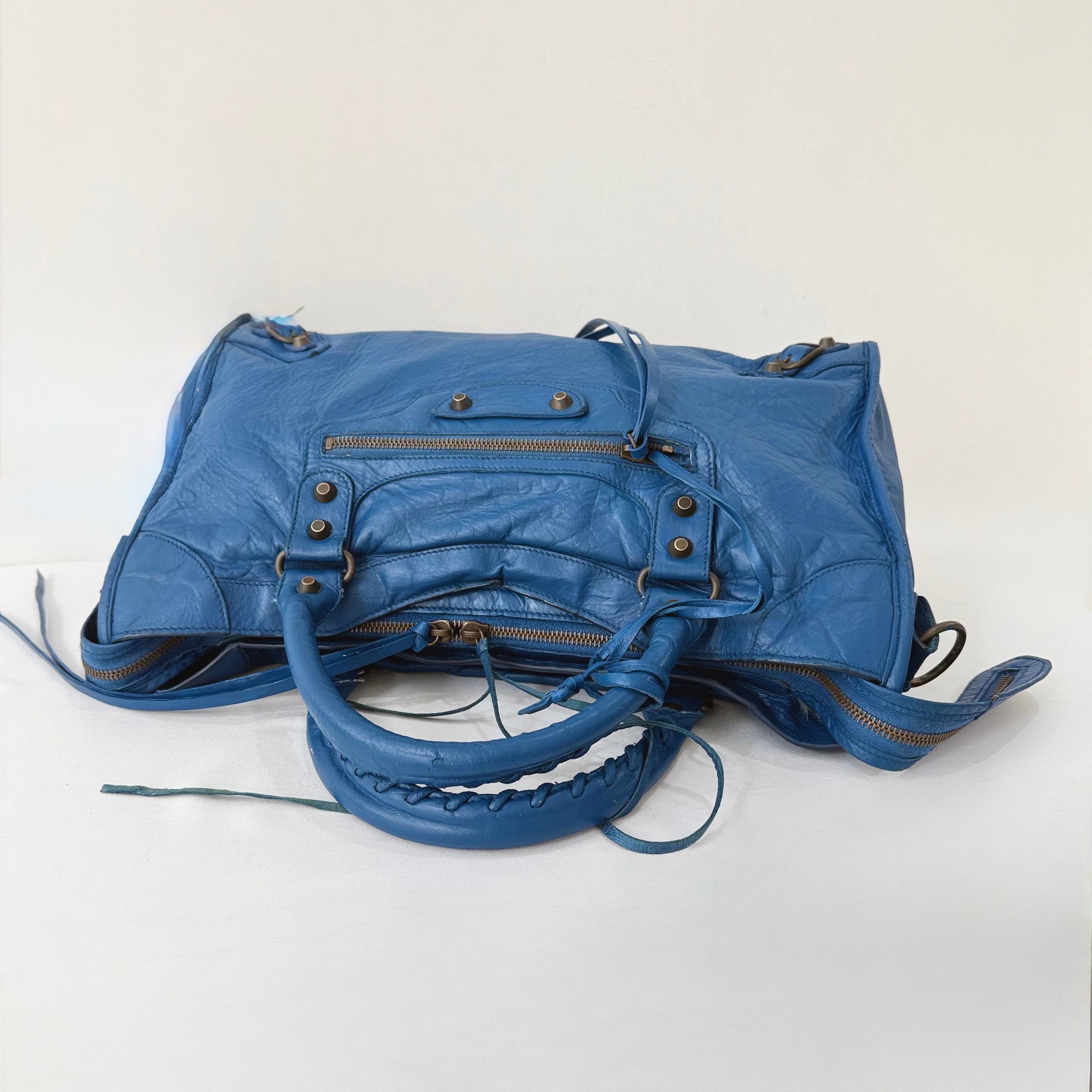 (RESERVE) Balenciaga Blue Mineral Lambskin Leather Motorcycle City Bag