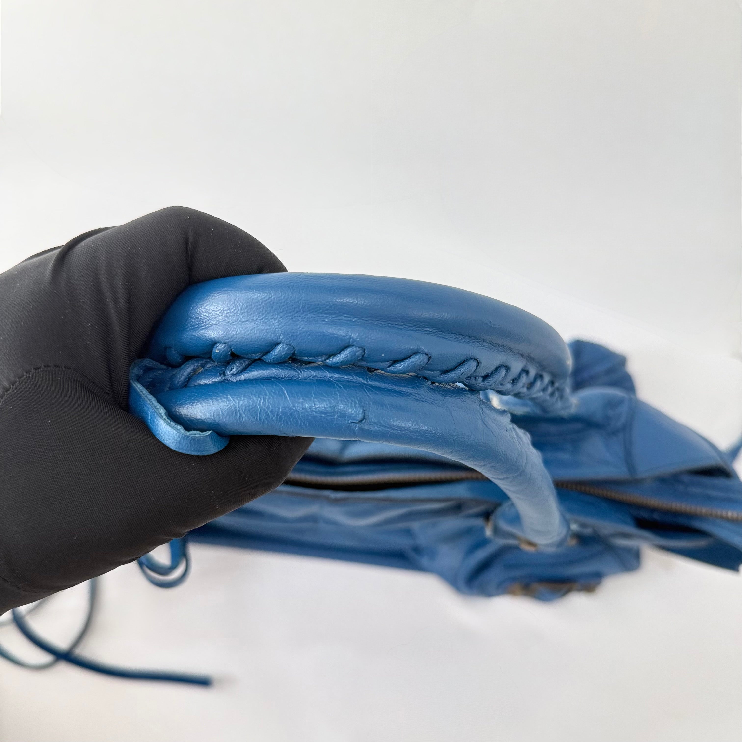 (RESERVE) Balenciaga Blue Mineral Lambskin Leather Motorcycle City Bag
