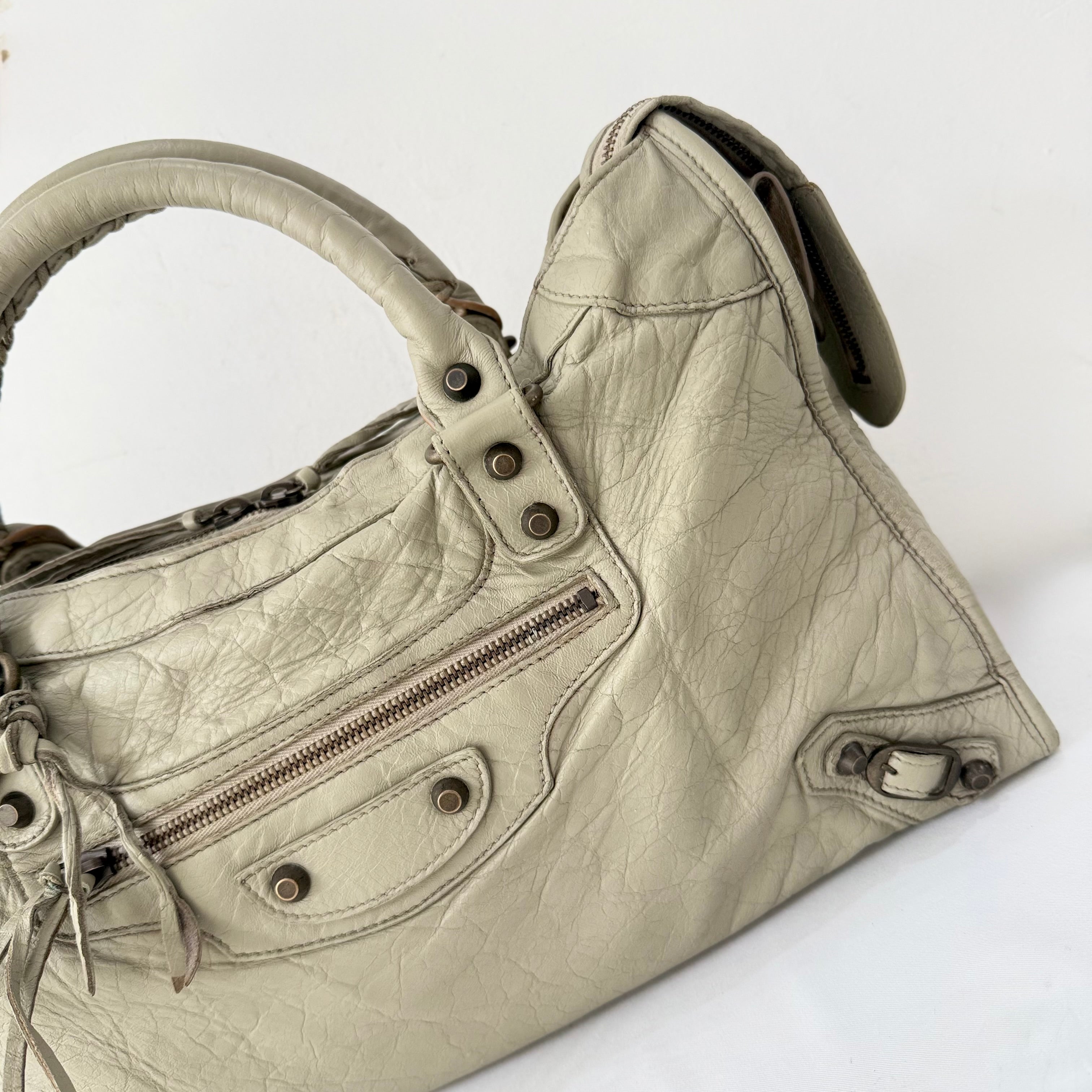 (reserve) Balenciaga Praline Lambskin Leather Motorcycle City Bag