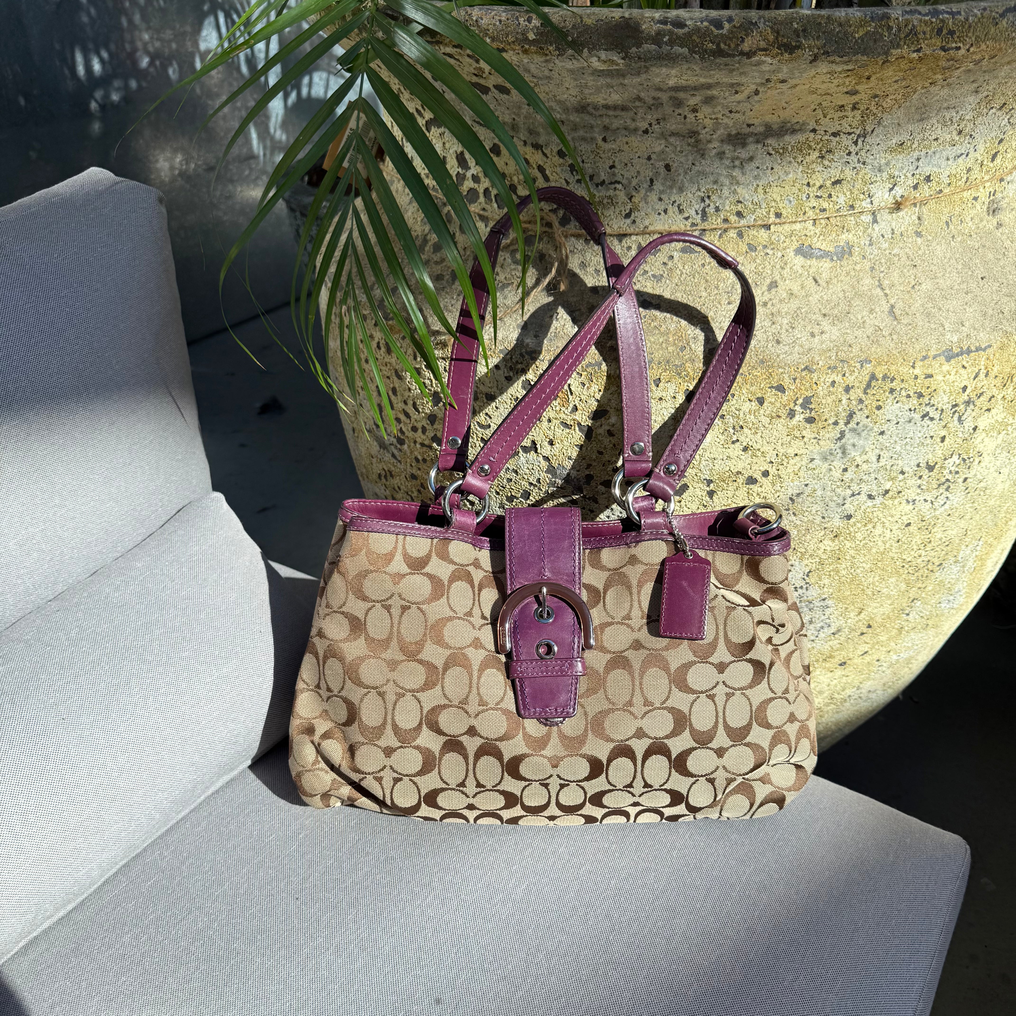 Coach Signature Tan Jacquard Purple Leather 2 Ways