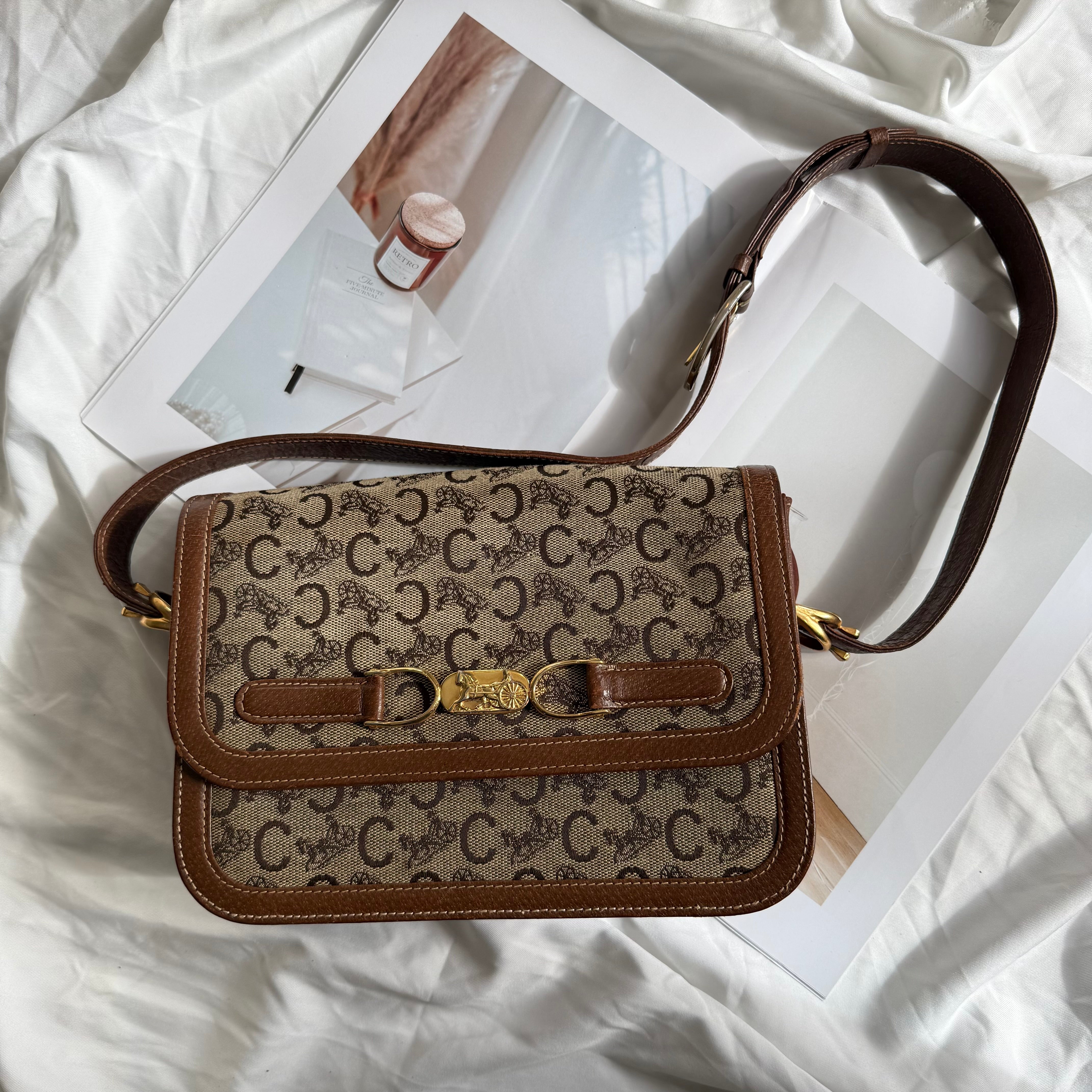 (Reserved) Celine Brown Canvas Horsebit Shoulder Bag