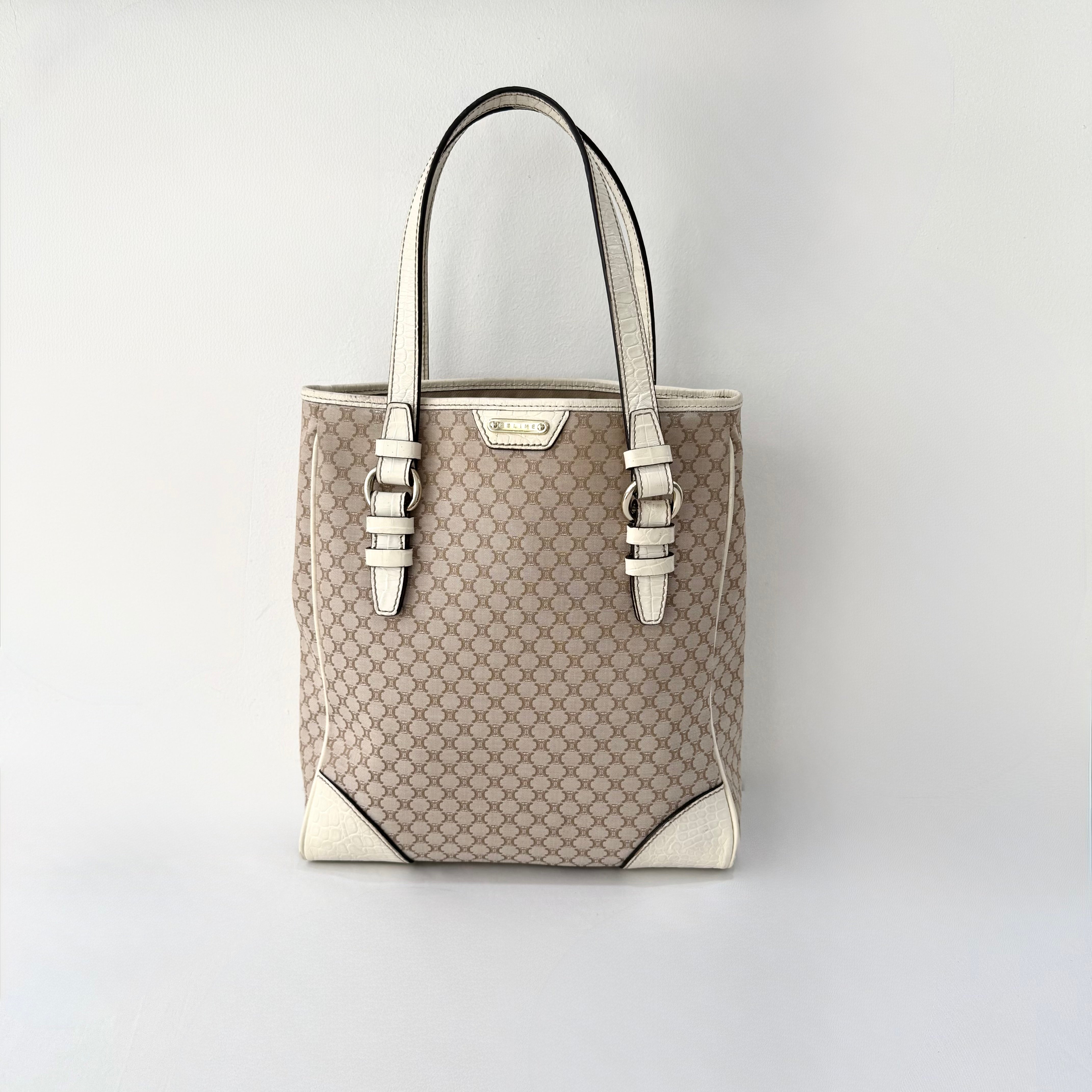 Celine Beige Monogram Canvas Tote Bag White Leather Trim