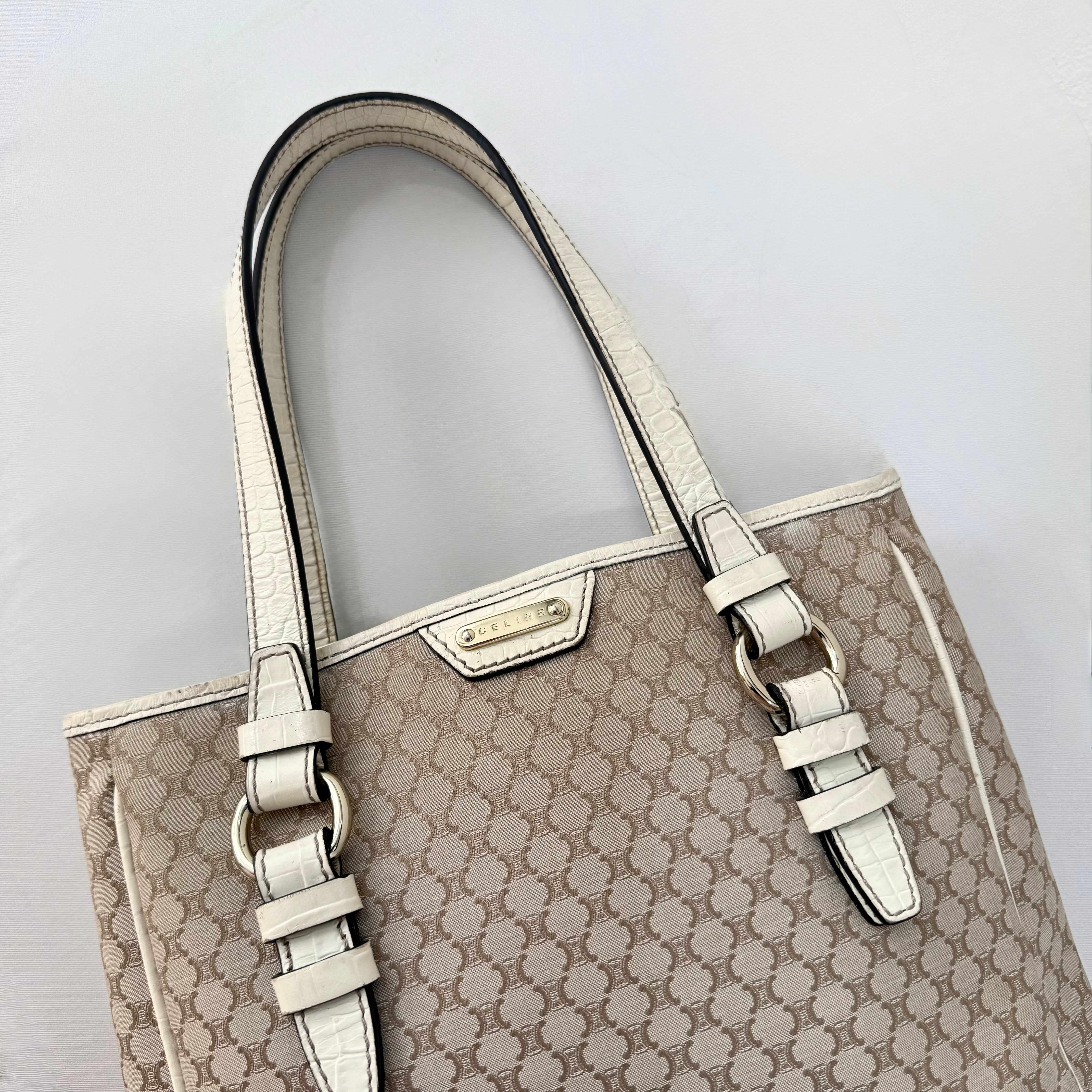 Celine Beige Monogram Canvas Tote Bag White Leather Trim