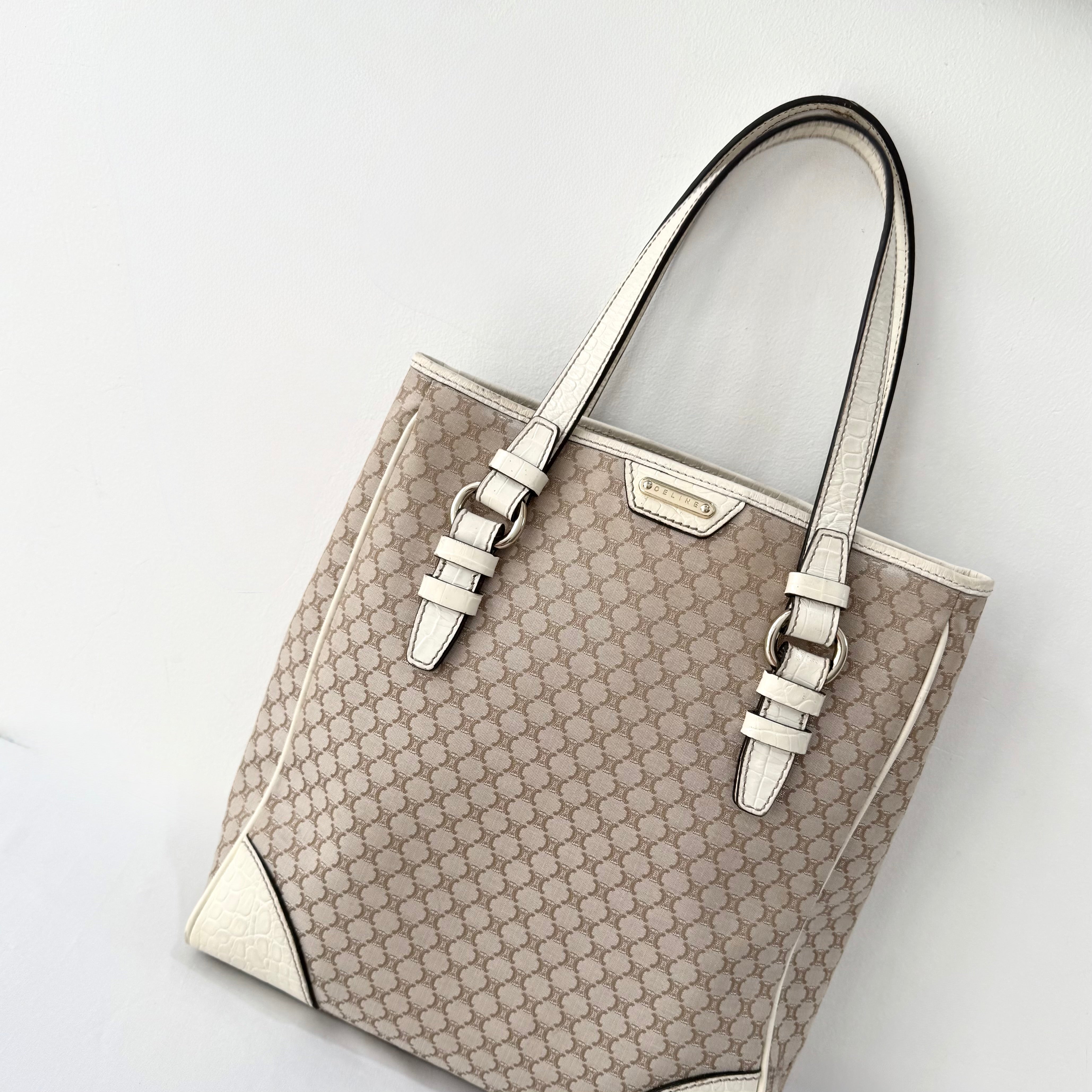 Celine Beige Monogram Canvas Tote Bag White Leather Trim
