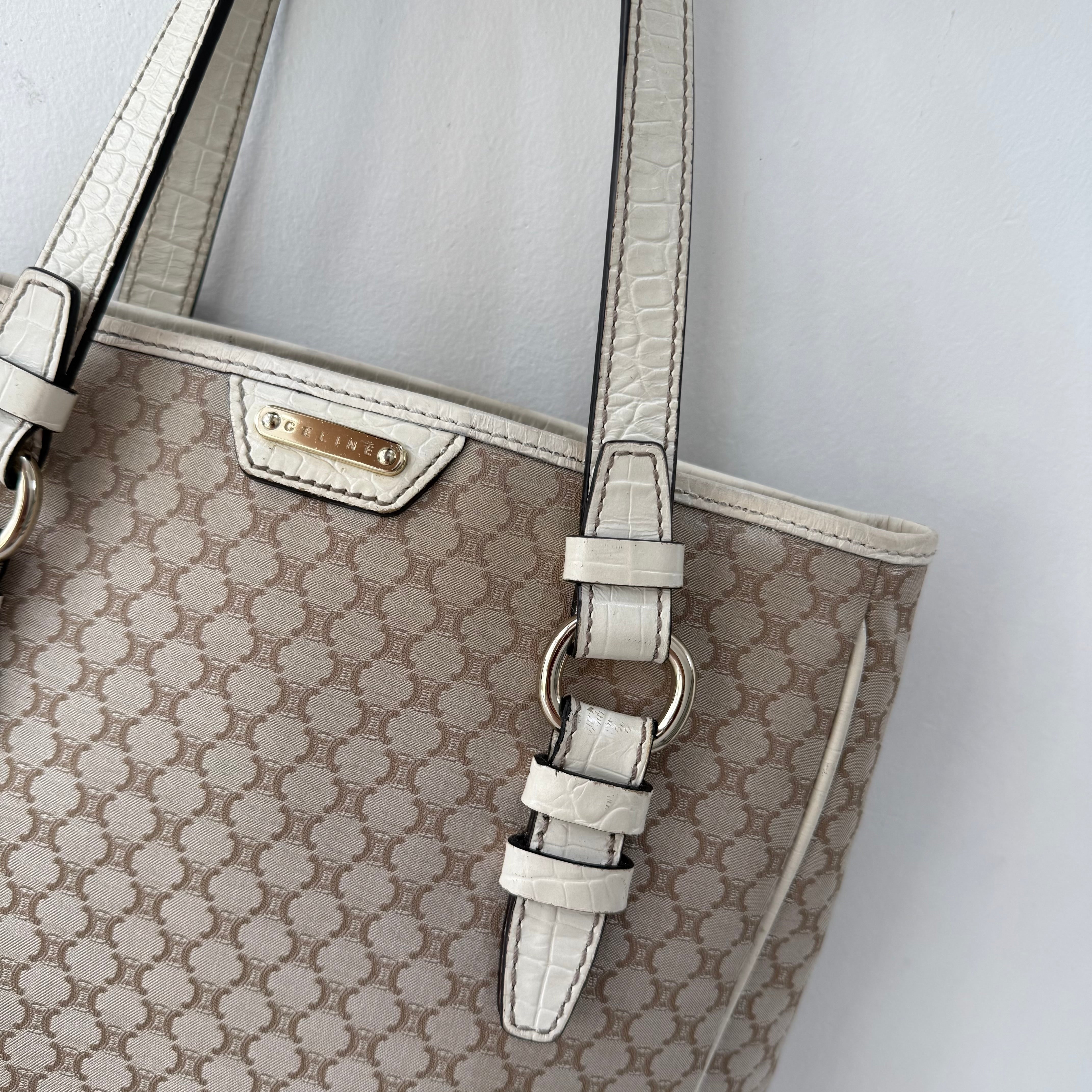 Celine Beige Monogram Canvas Tote Bag White Leather Trim