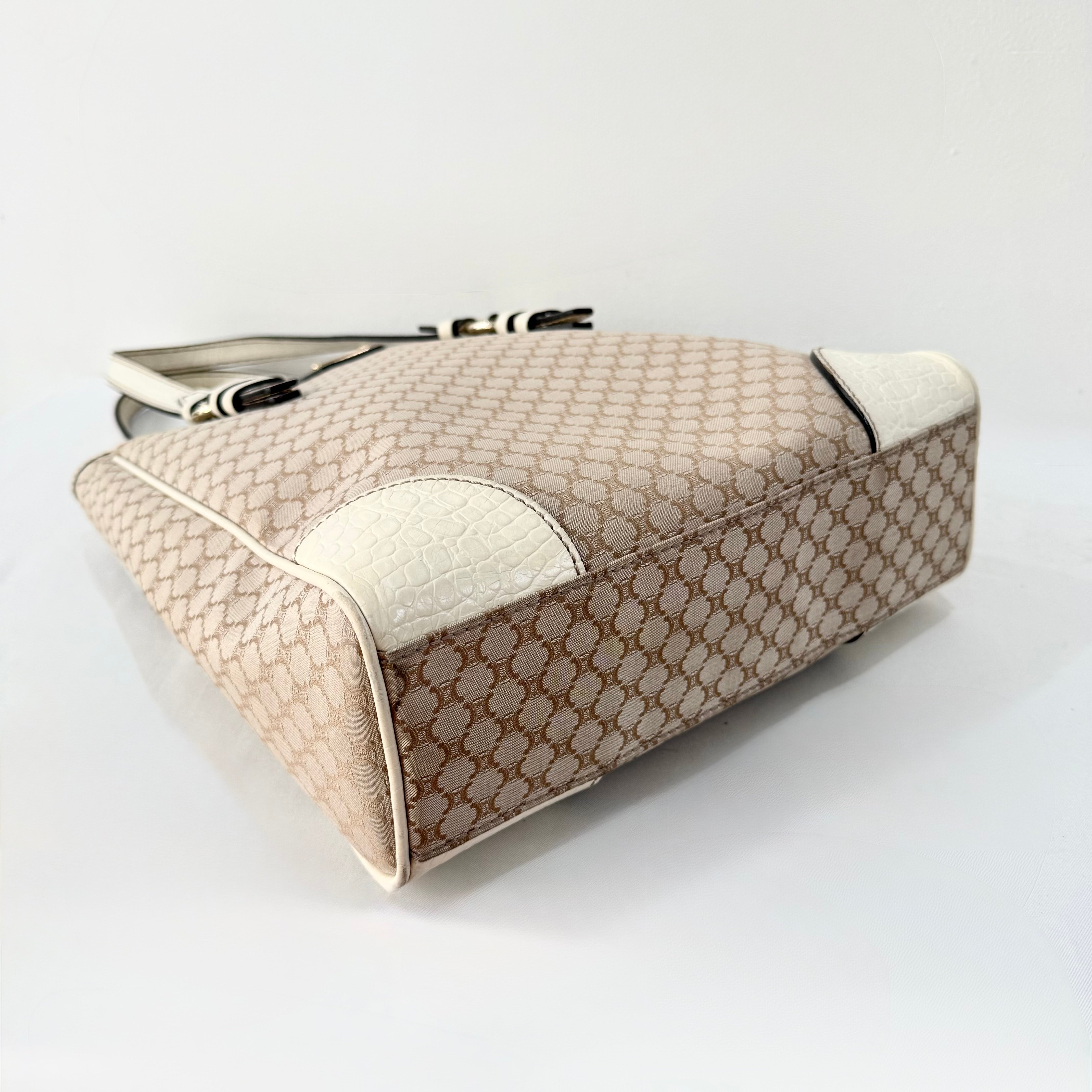 Celine Beige Monogram Canvas Tote Bag White Leather Trim