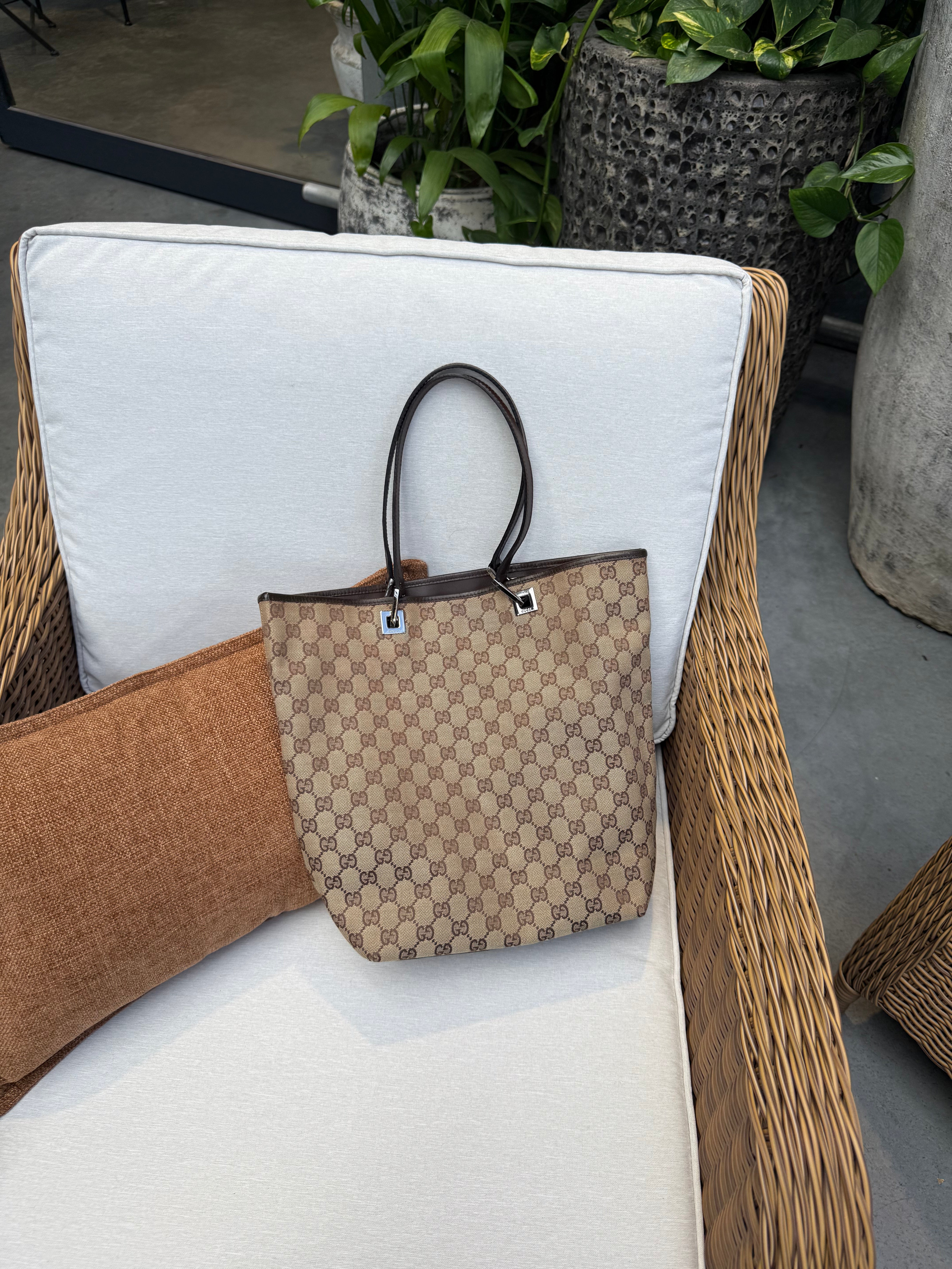 GUCCI GG Canvas and Leather Open Top Brown Tote
