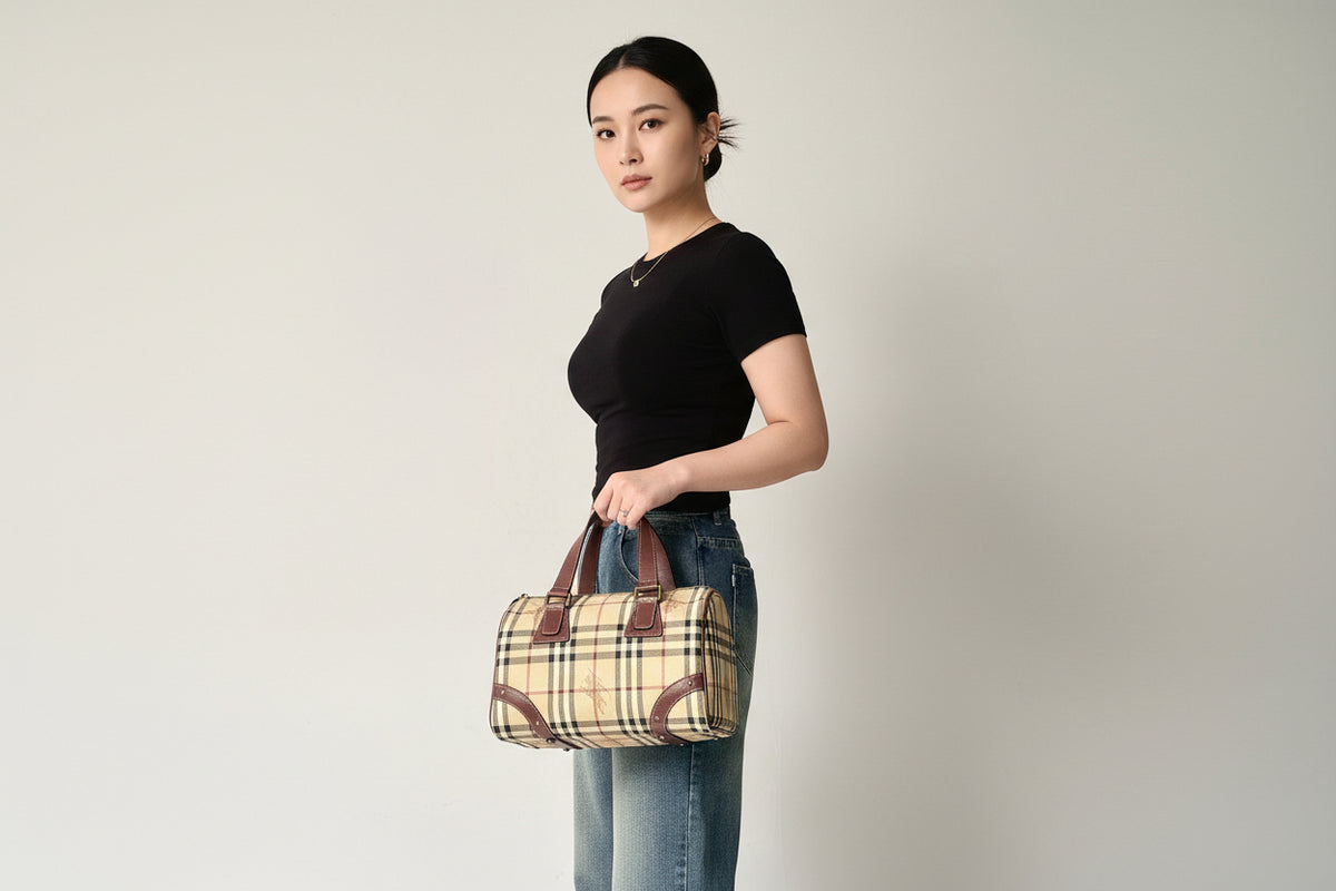 Burberry Vintage Boston Bag Haymarket Coated Canvas