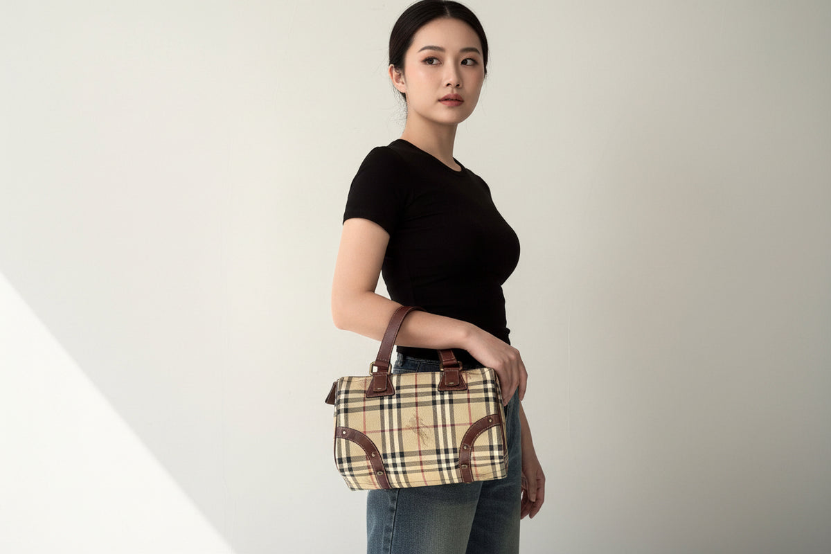 Burberry Vintage Boston Bag Haymarket Coated Canvas