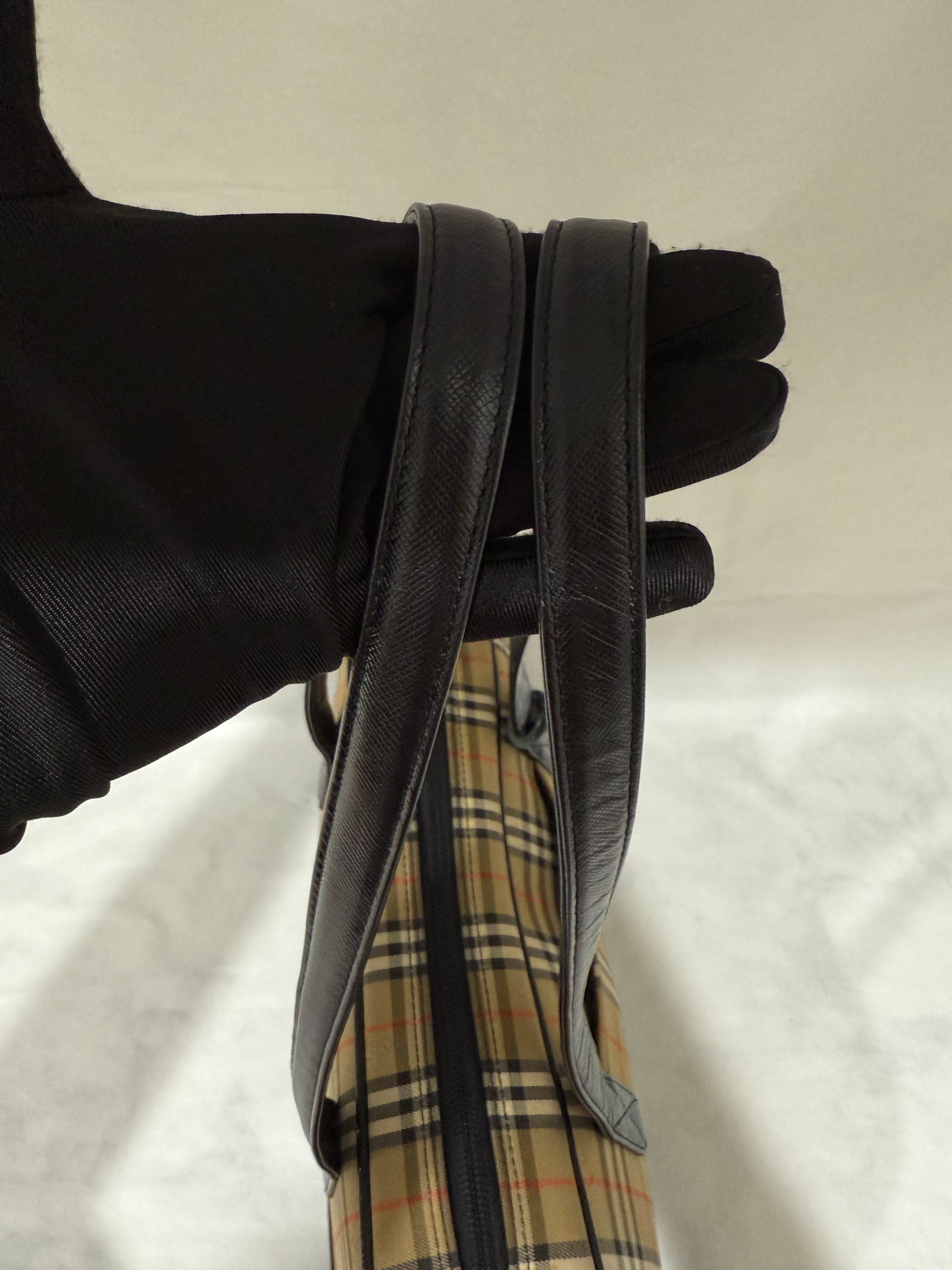 Burberry Check Pattern Leather and Canvas Shoulder Bag