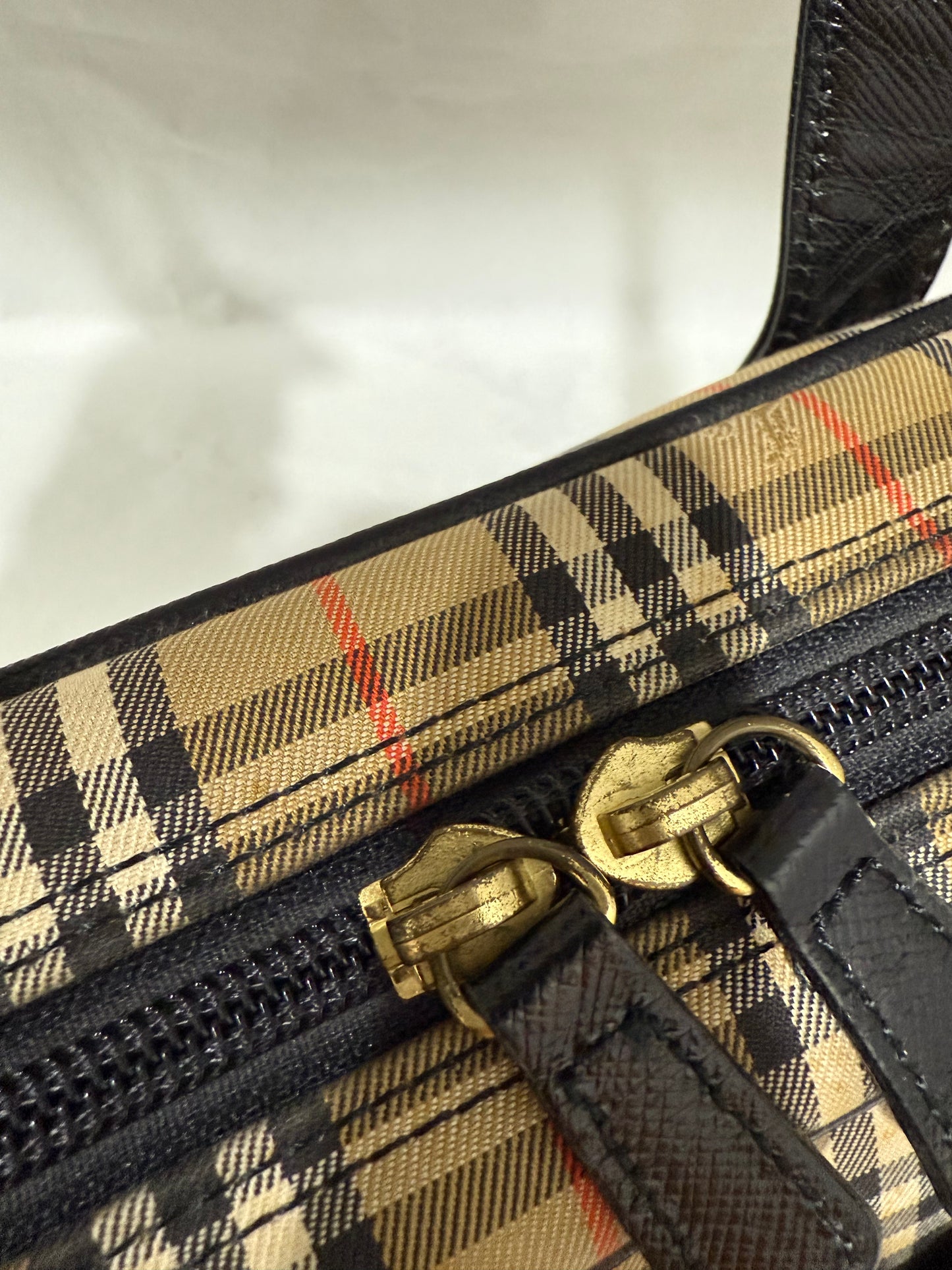 Burberry Check Pattern Leather and Canvas Shoulder Bag