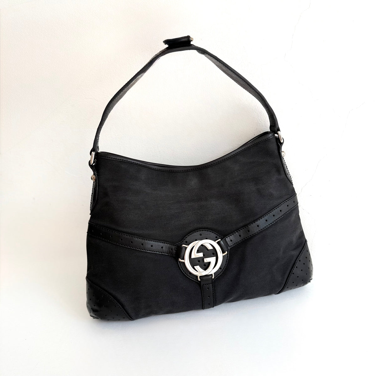 GUCCI BLACK CANVAS REINS SHOULDER BAG