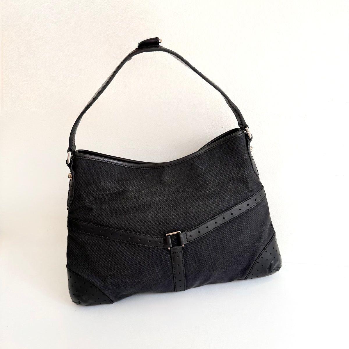 GUCCI BLACK CANVAS REINS SHOULDER BAG