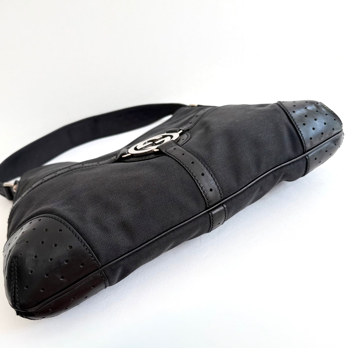 GUCCI BLACK CANVAS REINS SHOULDER BAG