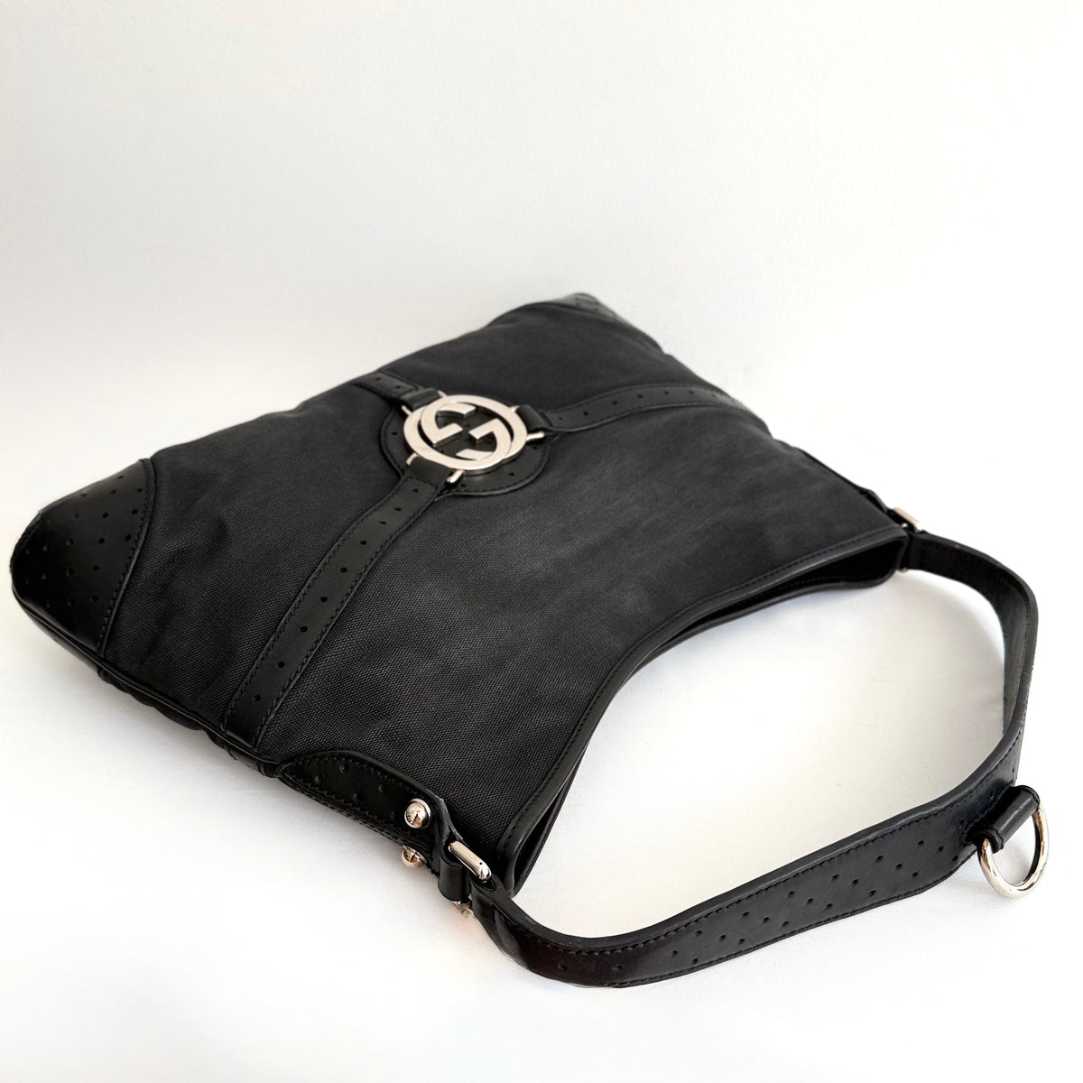 GUCCI BLACK CANVAS REINS SHOULDER BAG