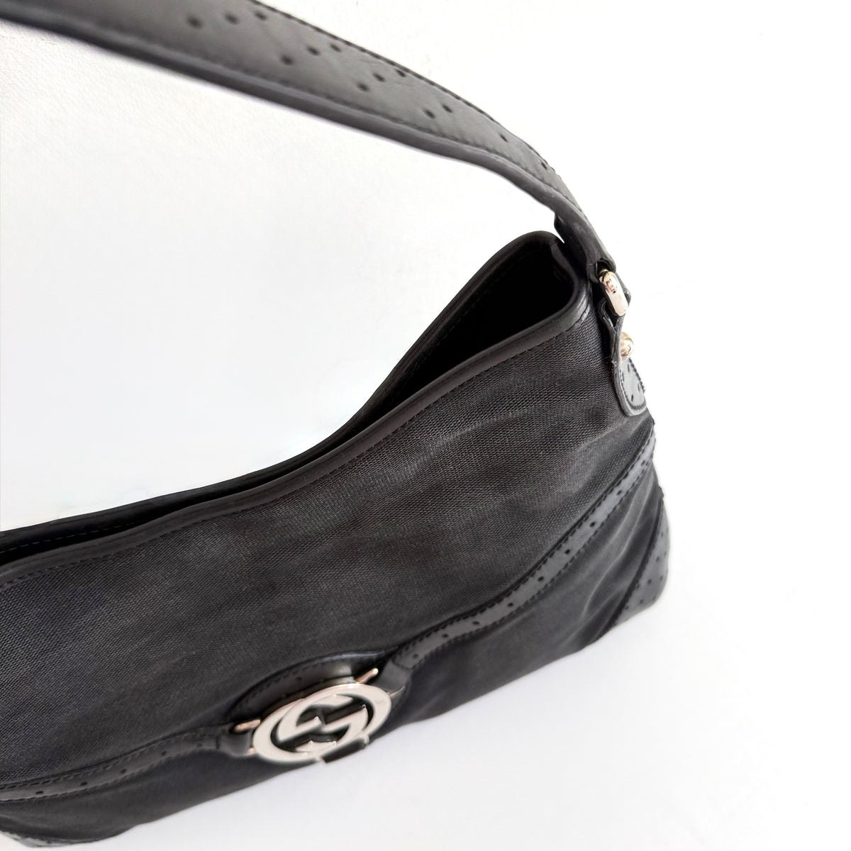 GUCCI BLACK CANVAS REINS SHOULDER BAG