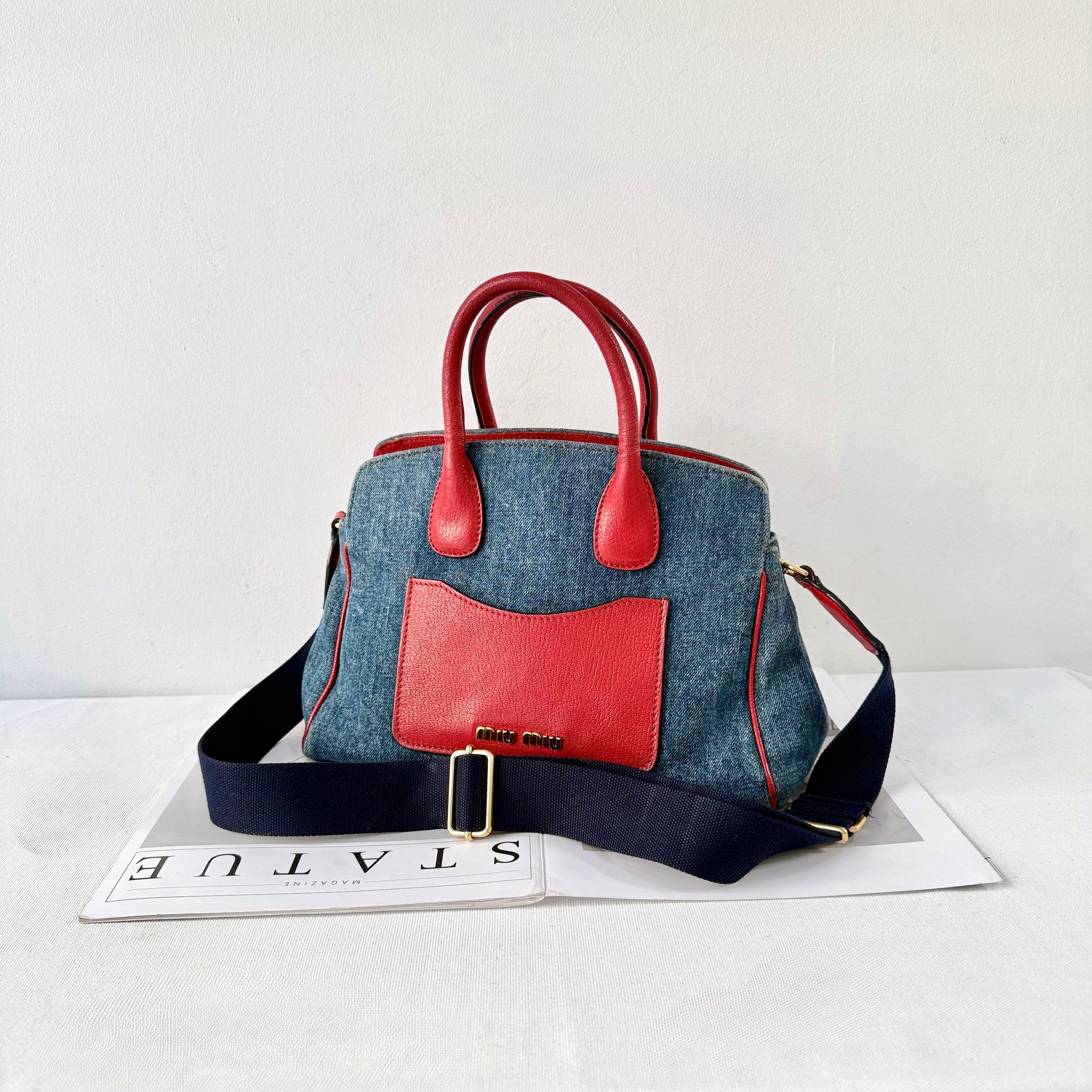 Miu Miu Blue Denim Biker Leather Handbag