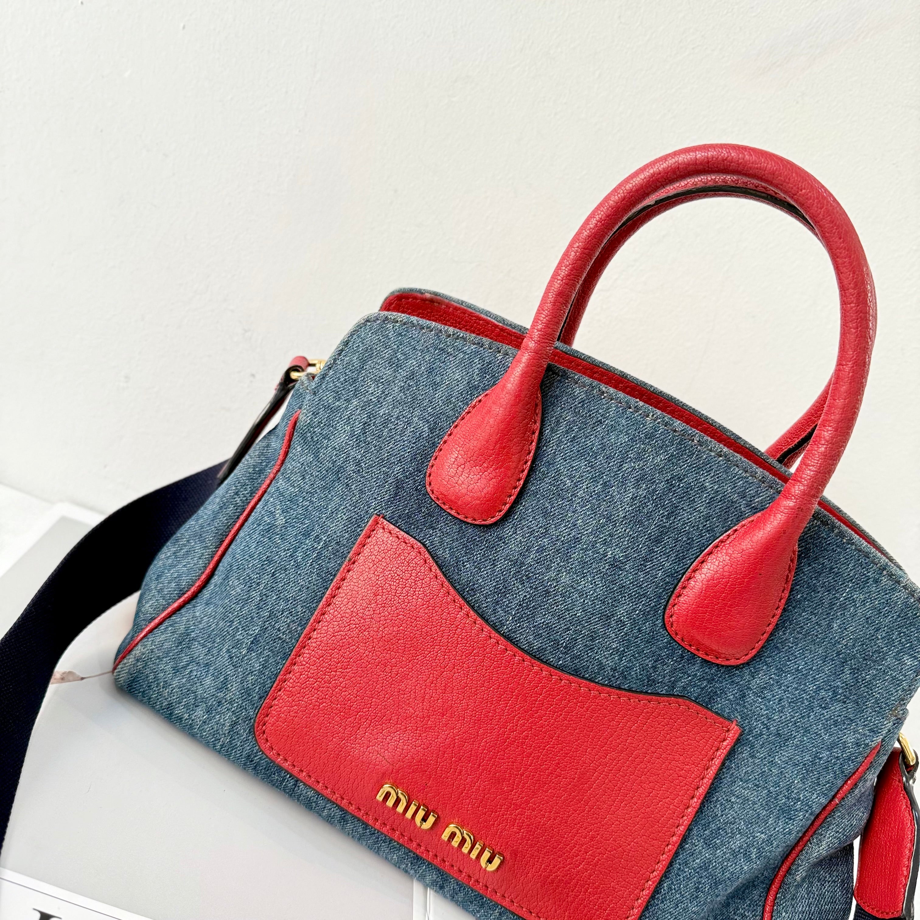 Miu Miu Blue Denim Biker Leather Handbag