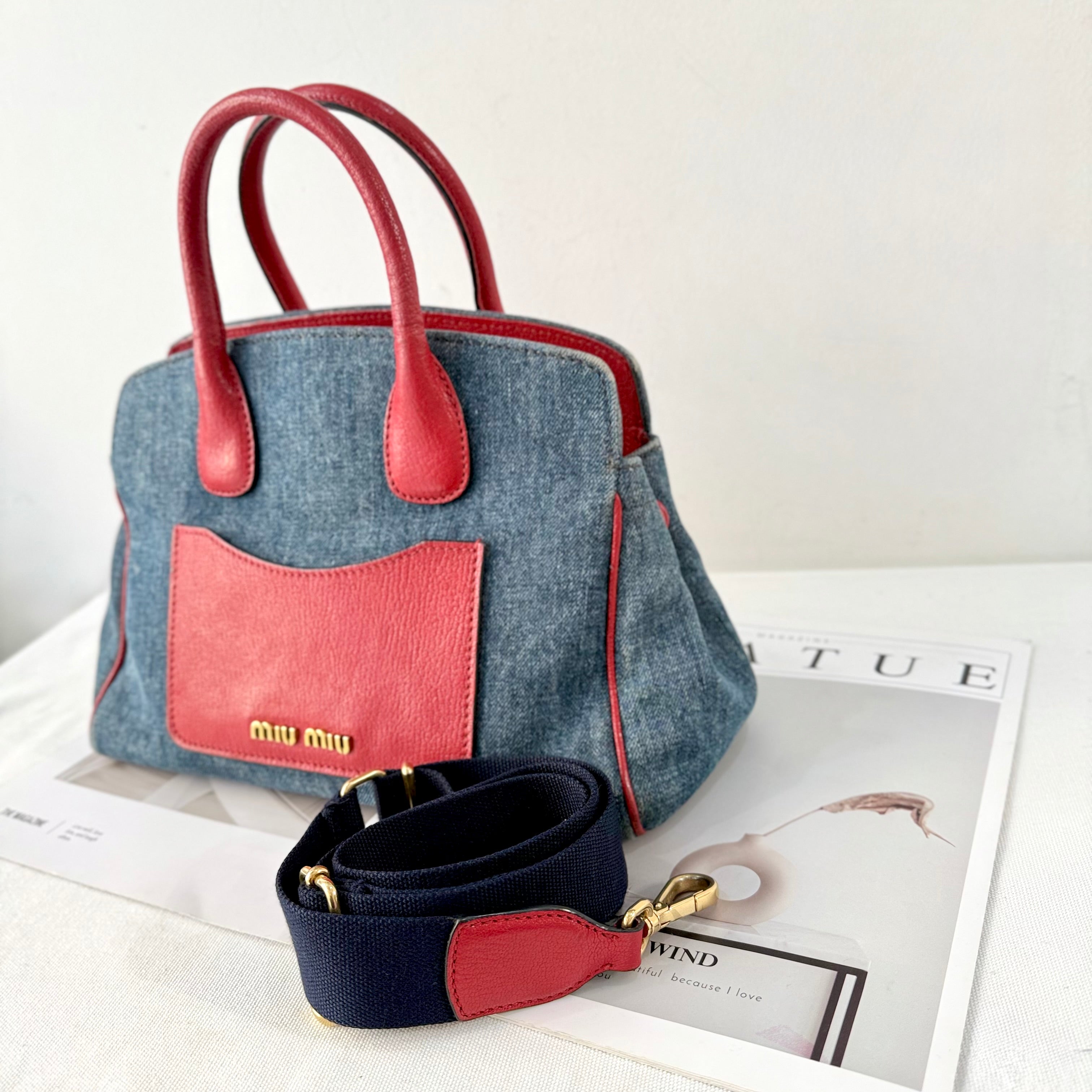 Miu Miu Blue Denim Biker Leather Handbag