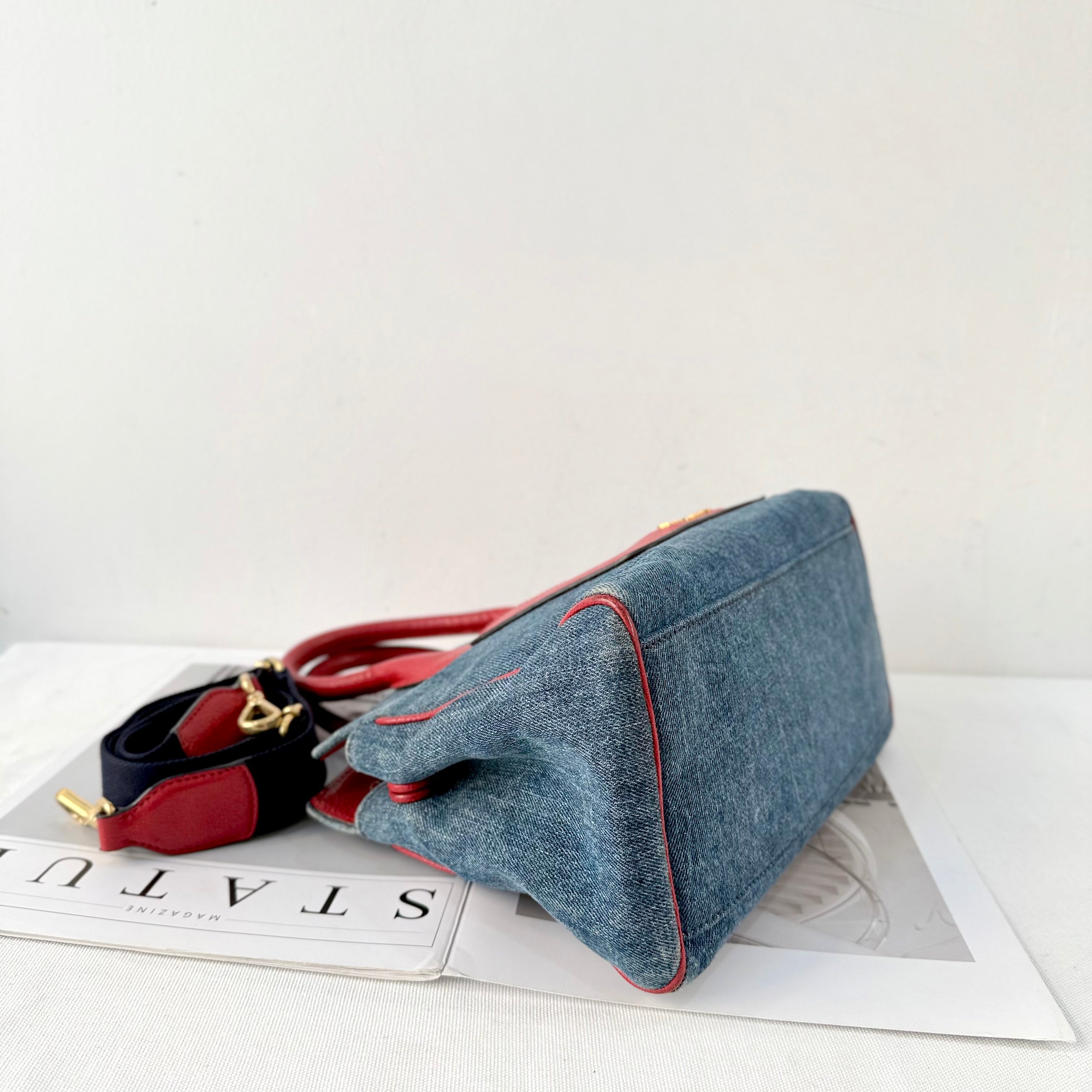 Miu Miu Blue Denim Biker Leather Handbag