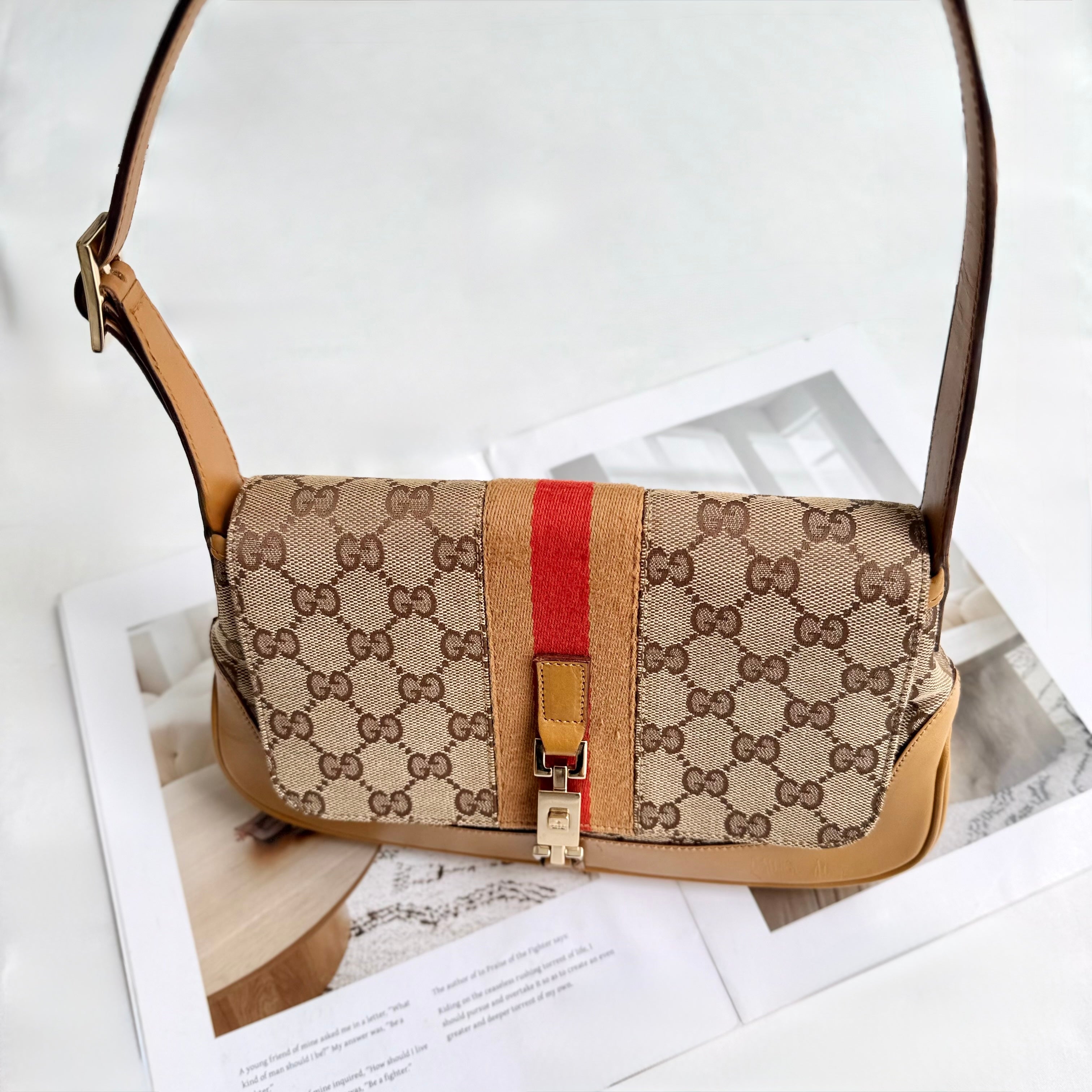 Gucci Jackie Canvas Beige Brown Shoulder Bag
