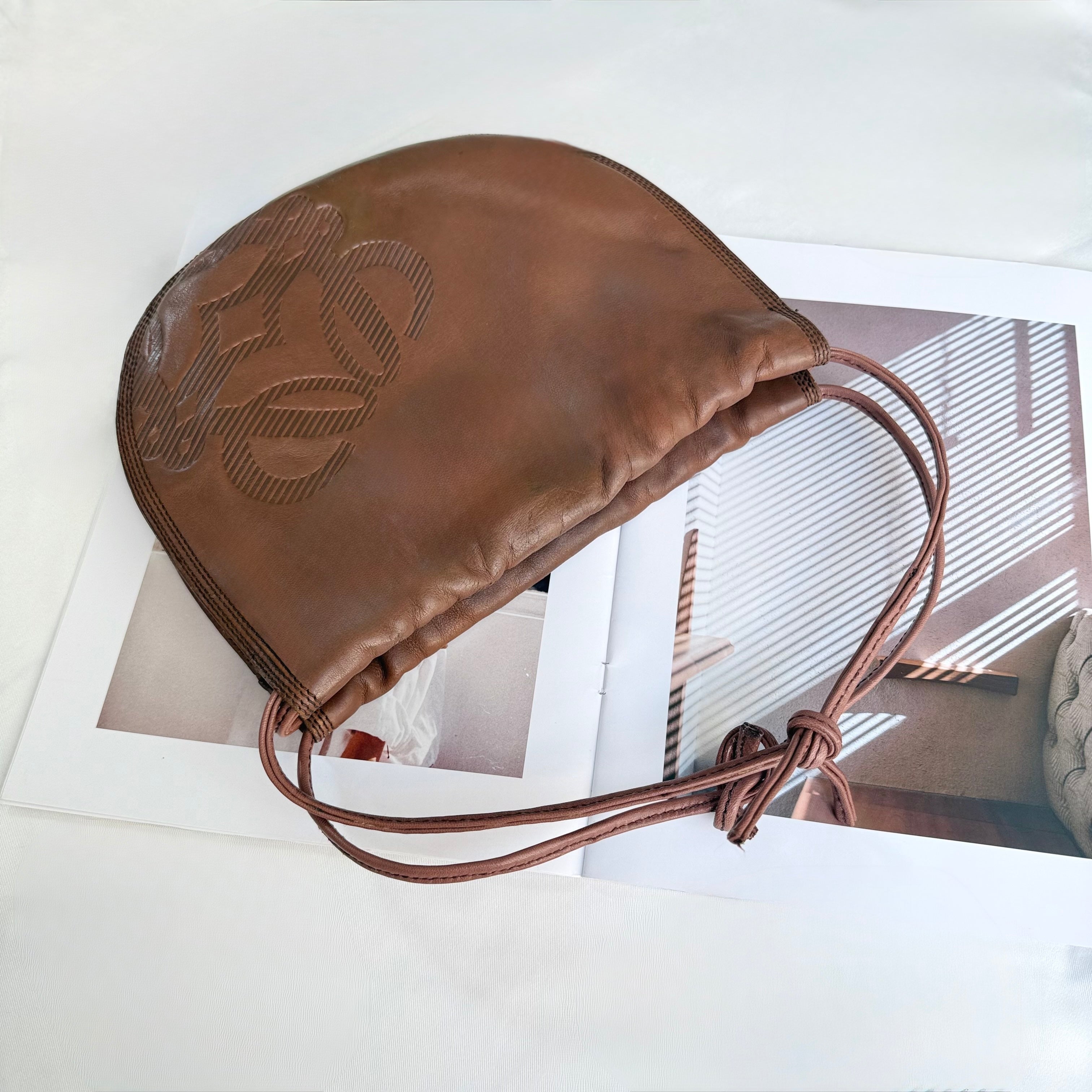 LOEWE Brown Anagram Drawstring Shoulder Bag