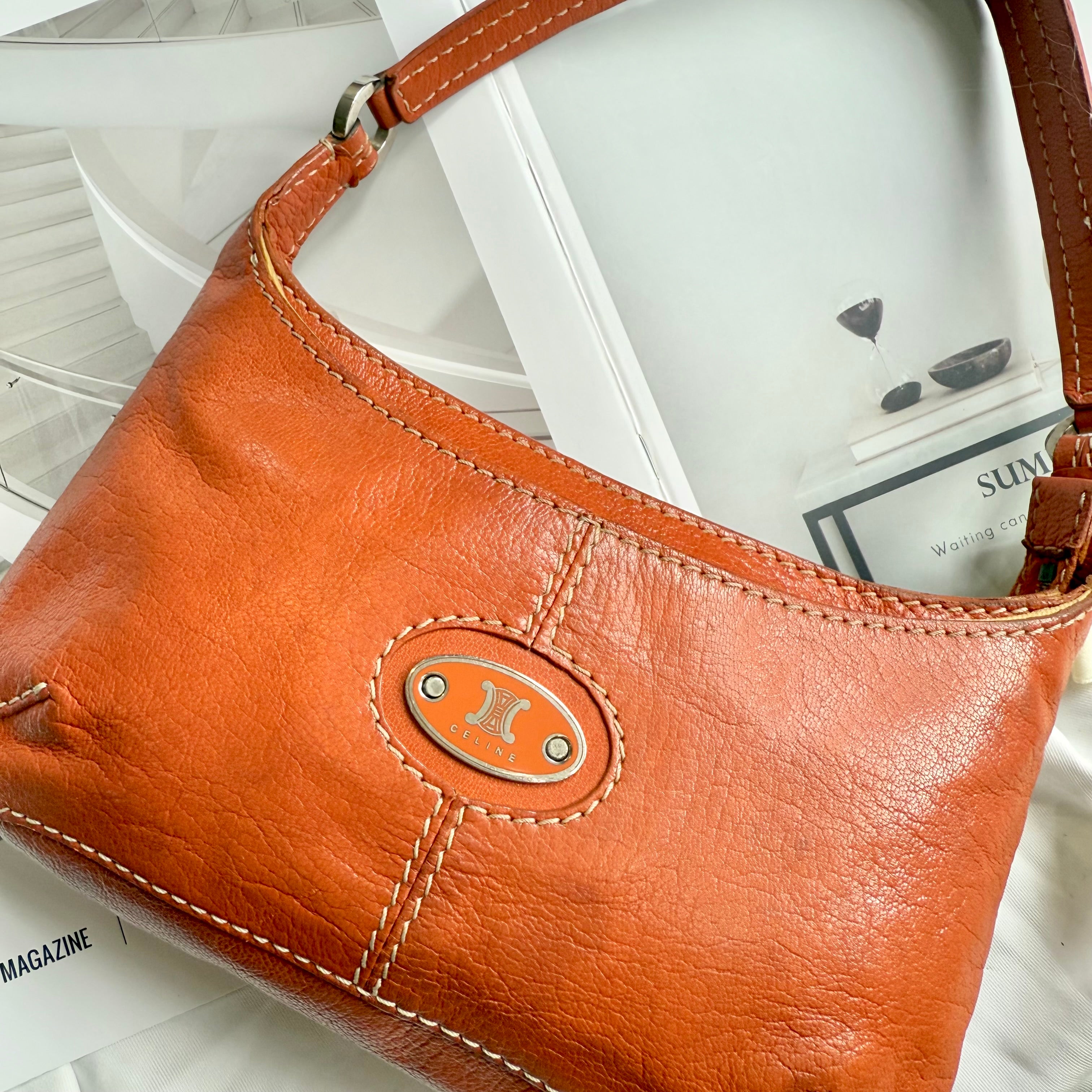 Celine Vintage Brown Leather C Logo Shoulder Bag