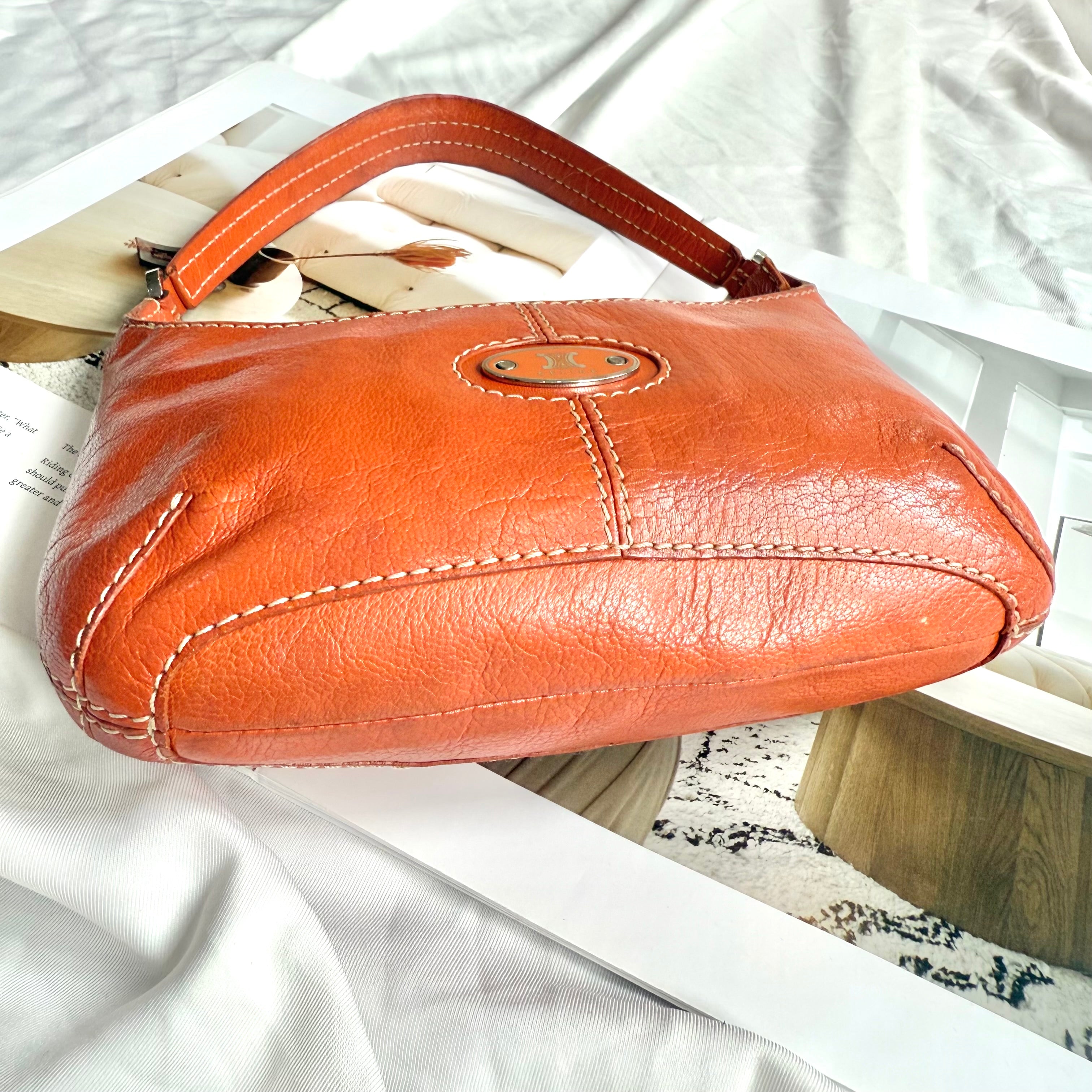 Celine Vintage Brown Leather C Logo Shoulder Bag