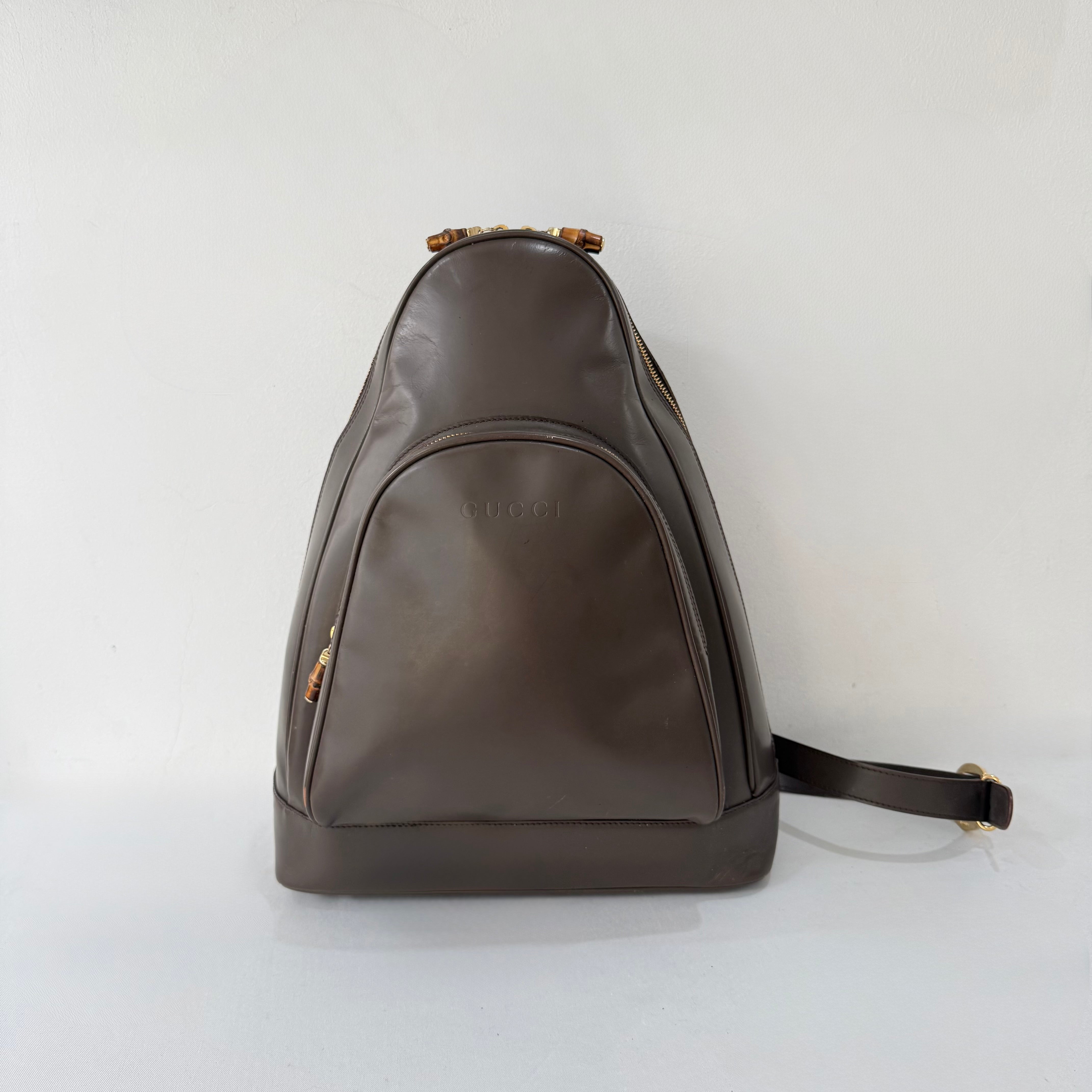 Gucci Vintage Patent Leather Bamboo Backpack Brown Crossbody Bag