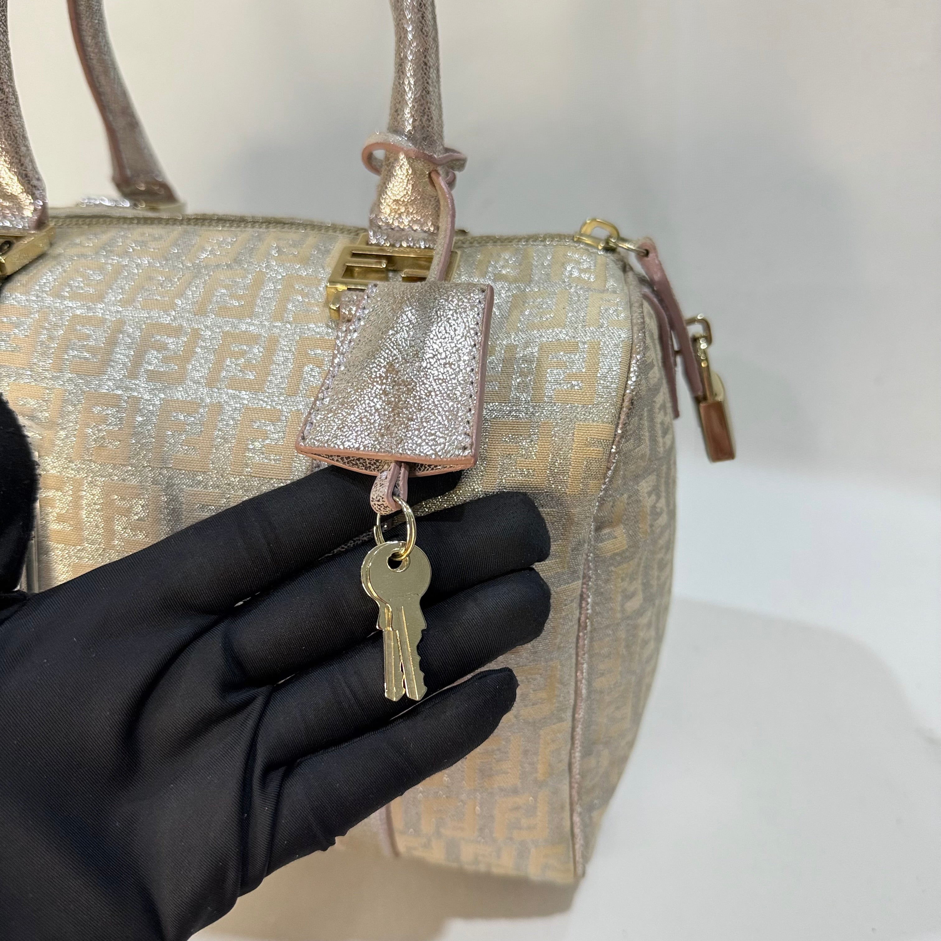 FENDI Zucchino Boston Handbag Pink Silver