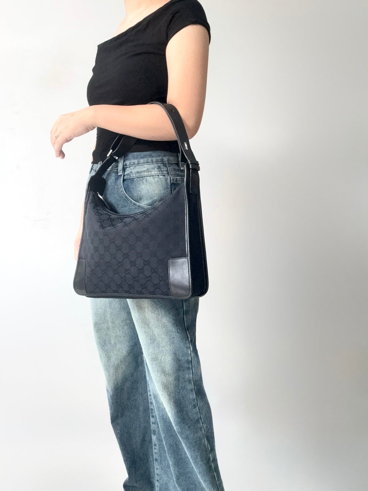 Gucci Black Monogram GG Canvas Shoulder Bag