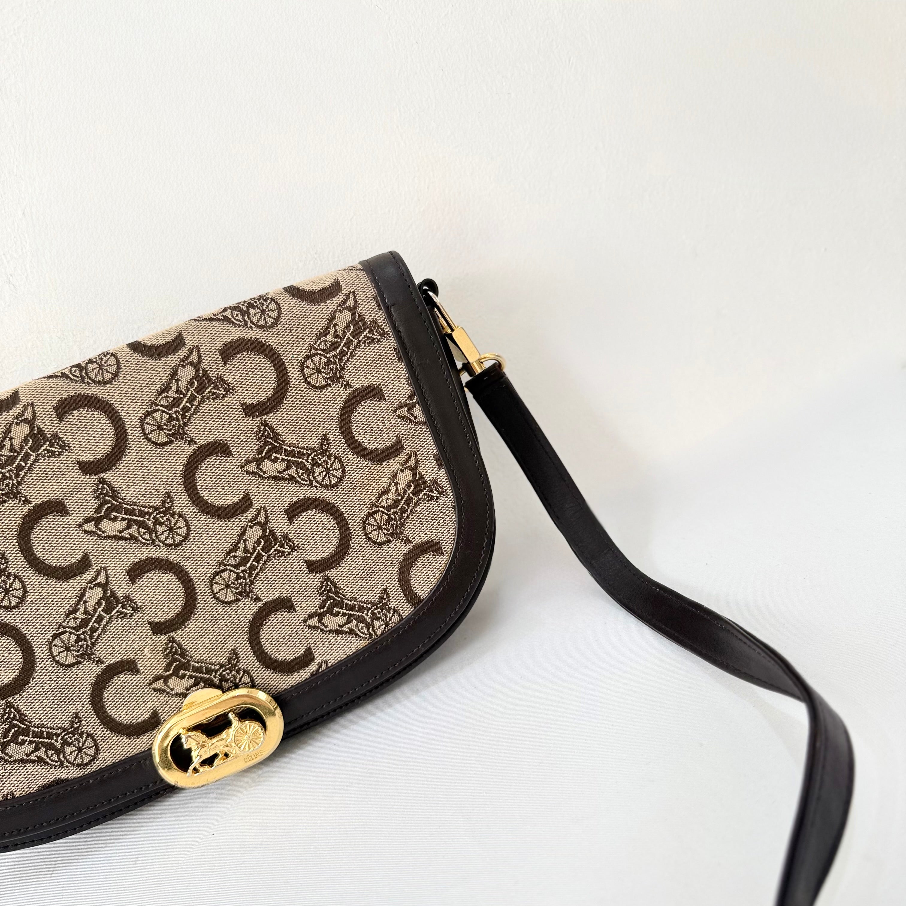 Celine Brown Canvas Horsebit Shoulder Bag