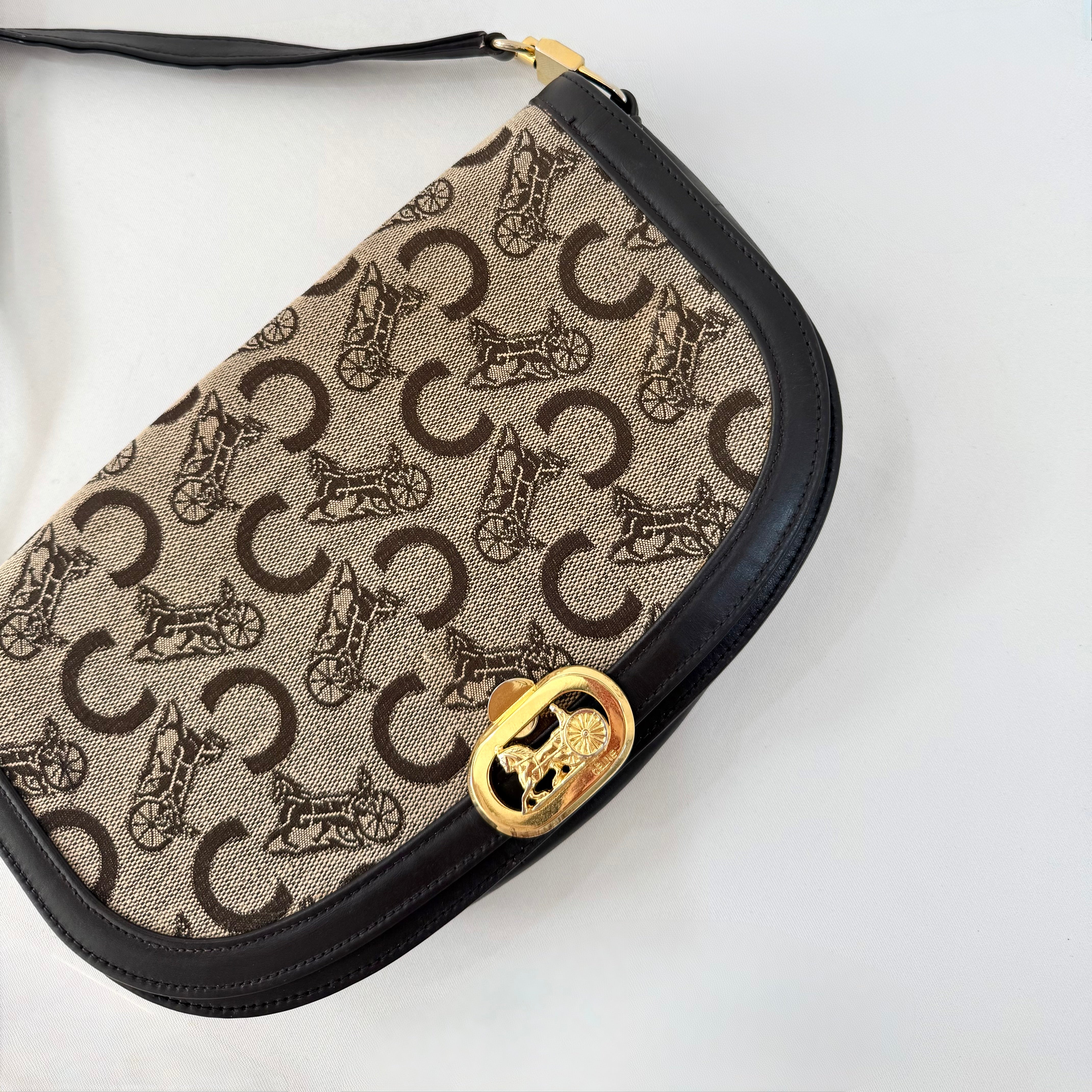 Celine Brown Canvas Horsebit Shoulder Bag