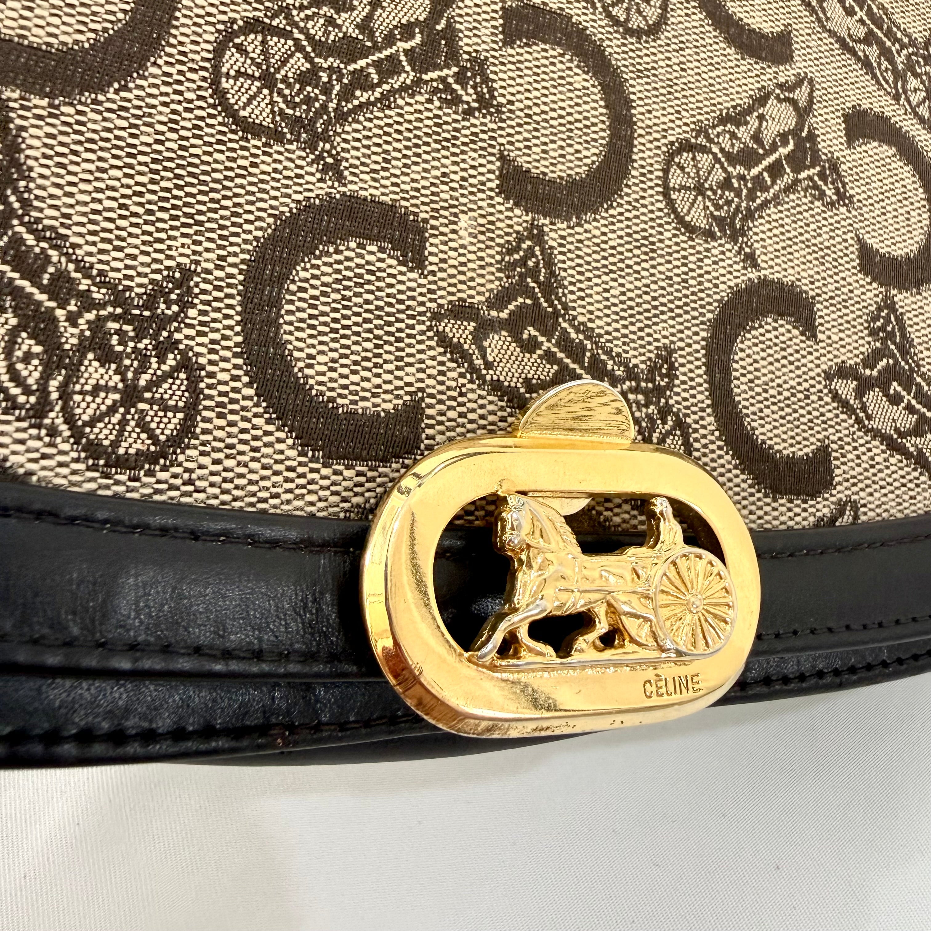 Celine Brown Canvas Horsebit Shoulder Bag