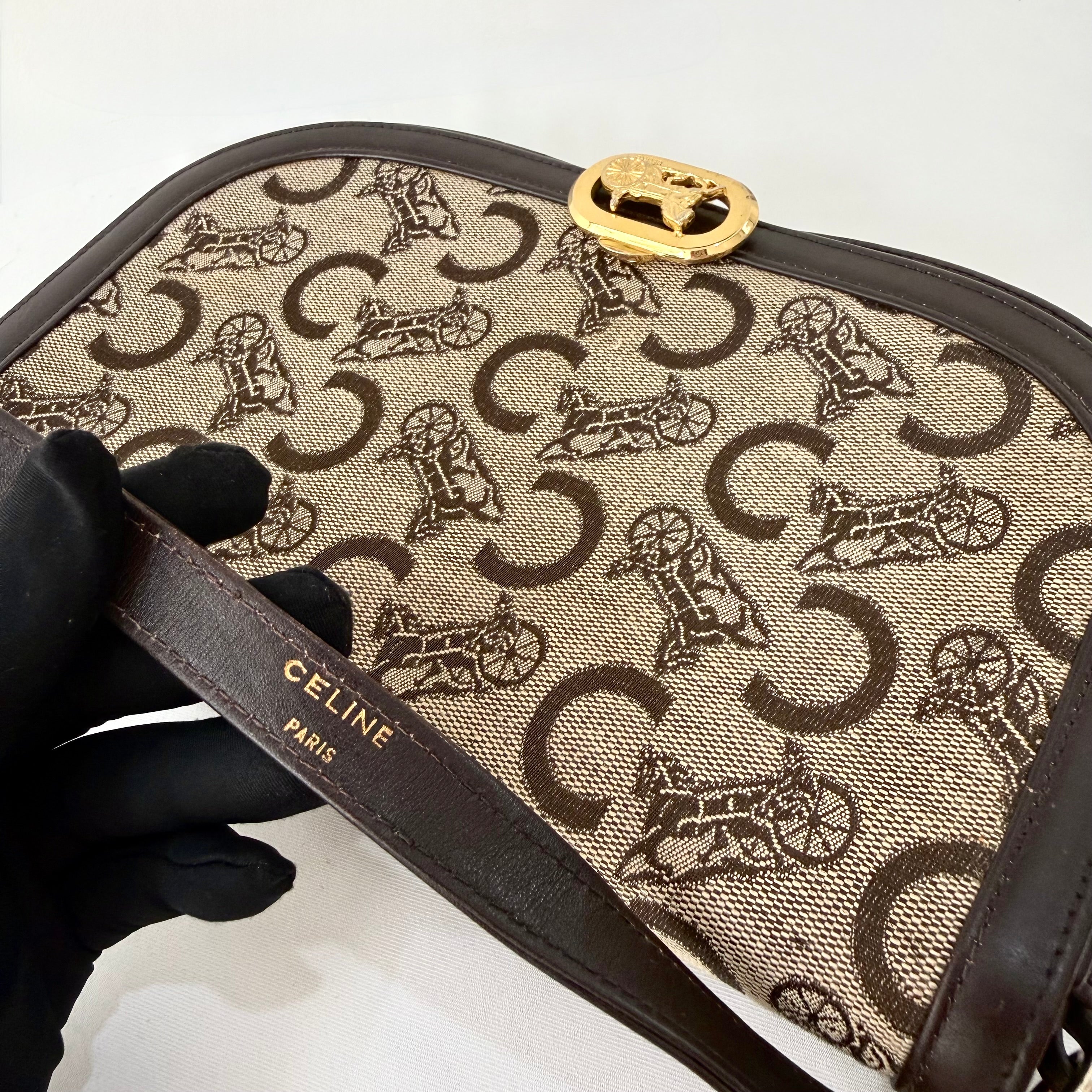 Celine Brown Canvas Horsebit Shoulder Bag