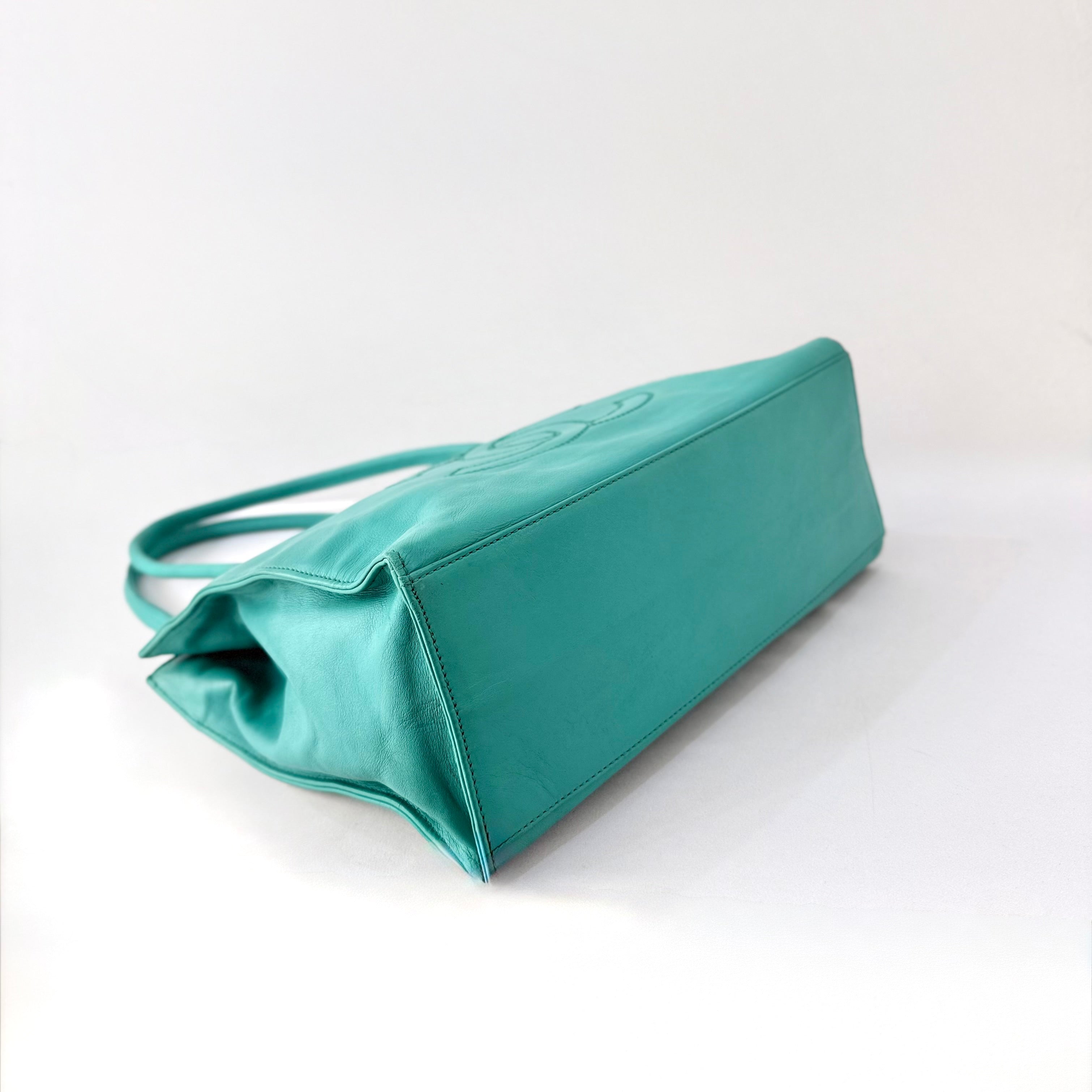CHANEL COCO Logo Lamb Skin Turquoise Shoulder Bag