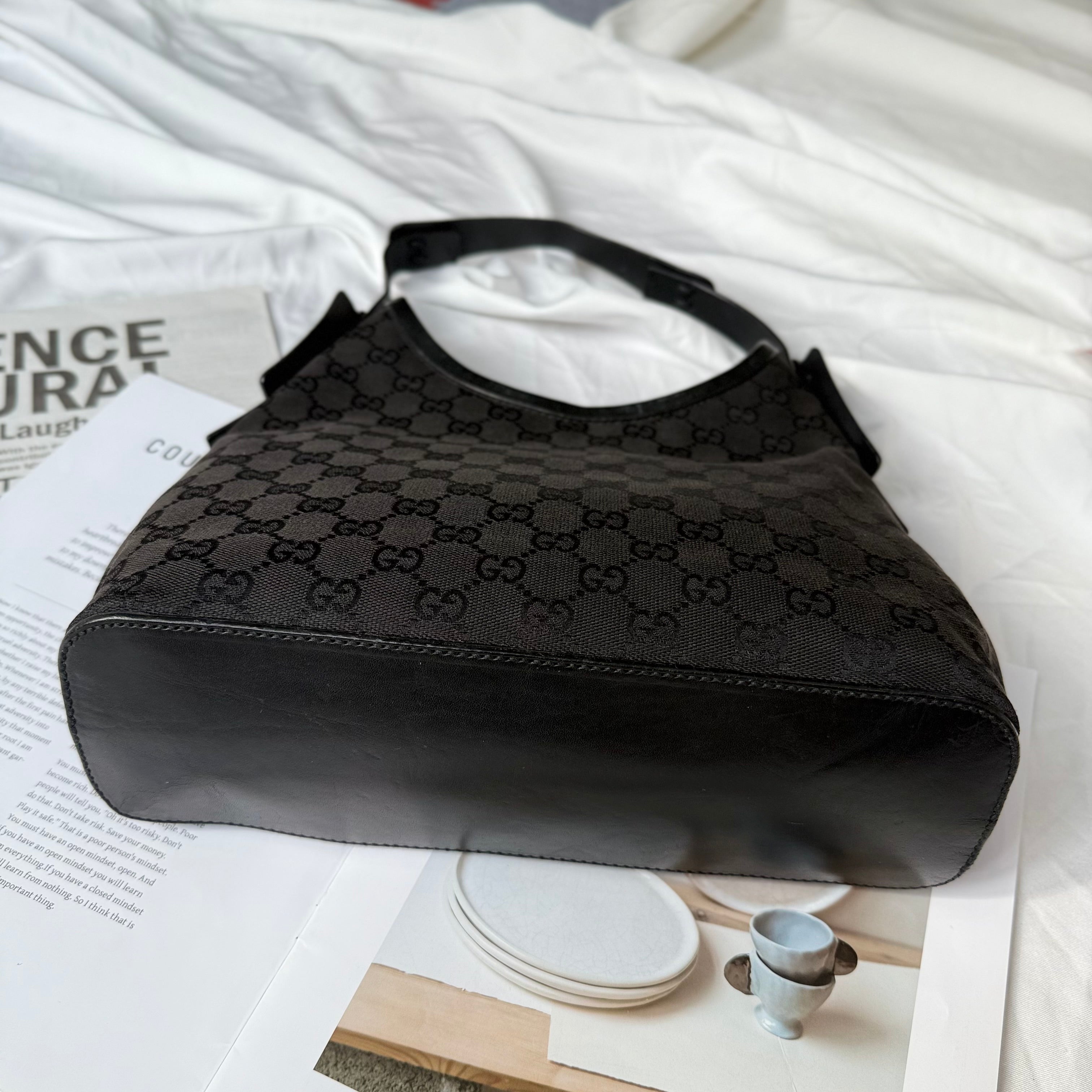 Gucci Black Monogram GG Canvas Hobo Bag